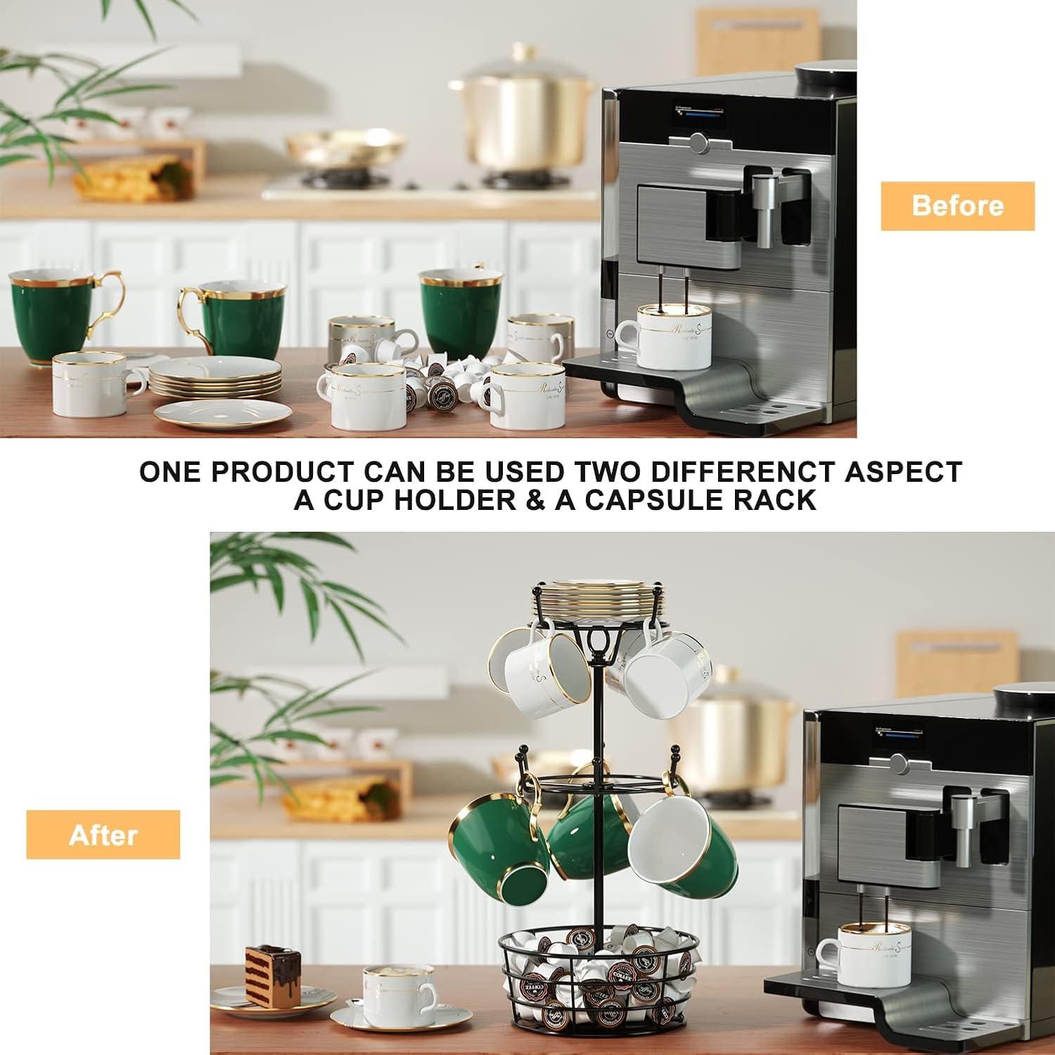 360° Rotating Coffee Mug Holder - Metal 3 Tier Mug Tree Rack Cup Holder for Countertop with 10 Hooks, Coffee Pods Holder for Bar Organizer Kitchen Counter - Black