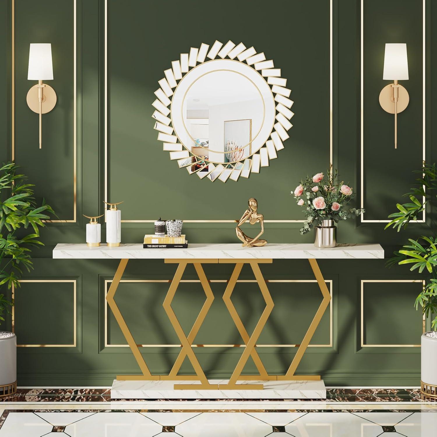 White Faux Marble and Gold Metal Console Table with Storage