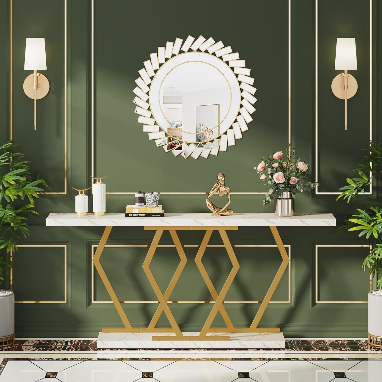 Tribesigns 70.9 Inch Extra Long Sofa Table, Modern Console Table with Faux Marble Tabletop, Long Entryway Table for Entrance, Gold and White