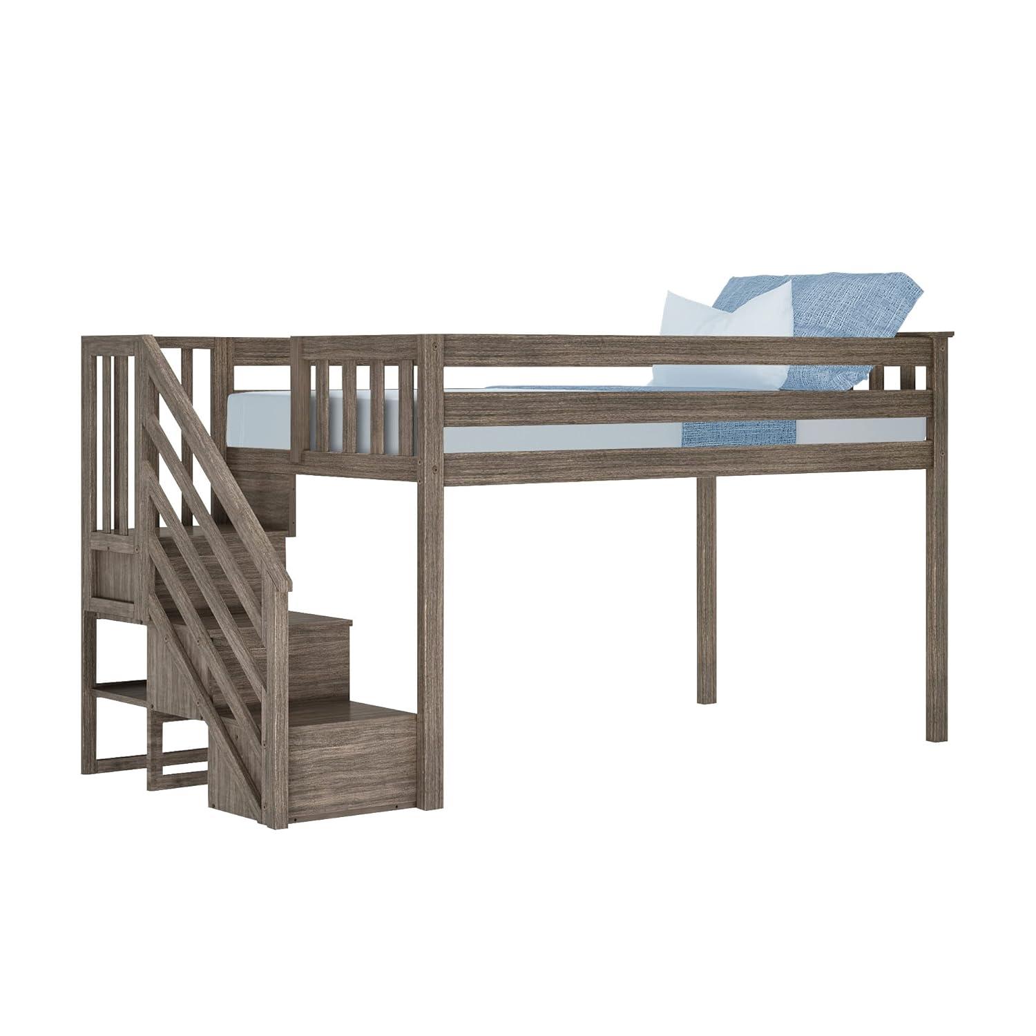 Max & Lily Solid Wood Twin Loft Bed with Stairs, Solid Wood Loft Beds with Ladder for Kids, Clay