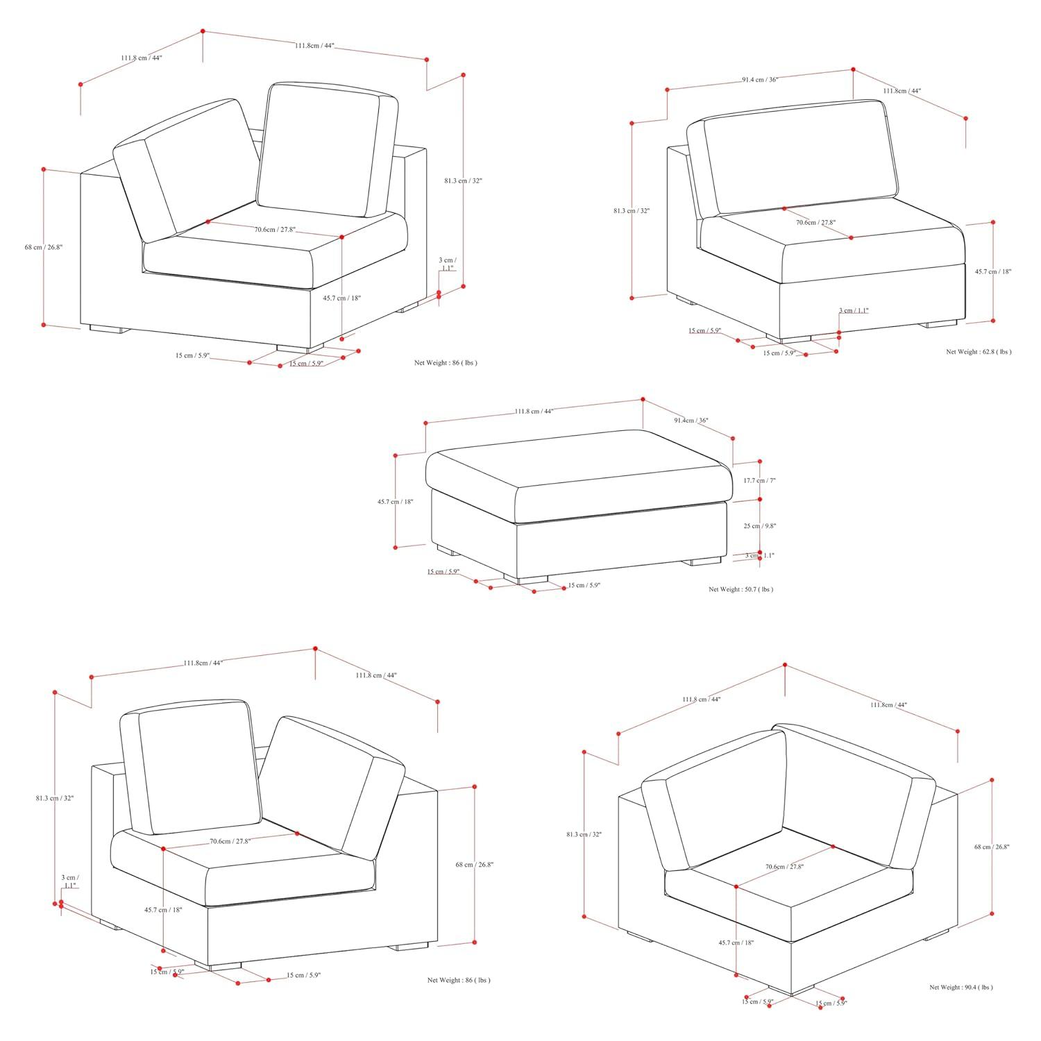 AllModern Maud Modular Sofa and Ottoman Set 125-inch-wide L-Shaped Sofa and Matching 36-inch-wide Table Ottoman for Living Room