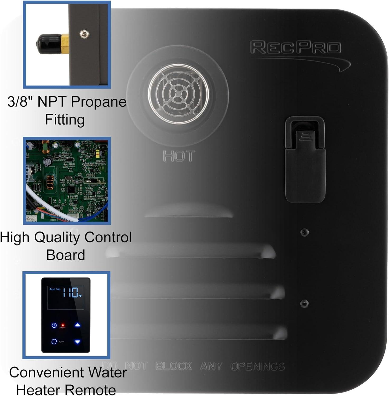 RecPro RV Tankless Water Heater | On Demand Hot Water Heater | 42,000 BTU | Gas Water Heater | Remote Control Included (Black)