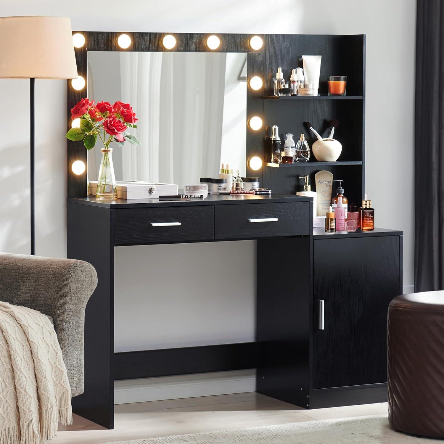 46.7" Vanity Desk with Mirror & LED Lights, Dressing Table with 2 Large Drawers & Vertical Organizer, 3-Tier Storage, 3 Adjustable Lighting Modes, Makeup Desk for Bedroom