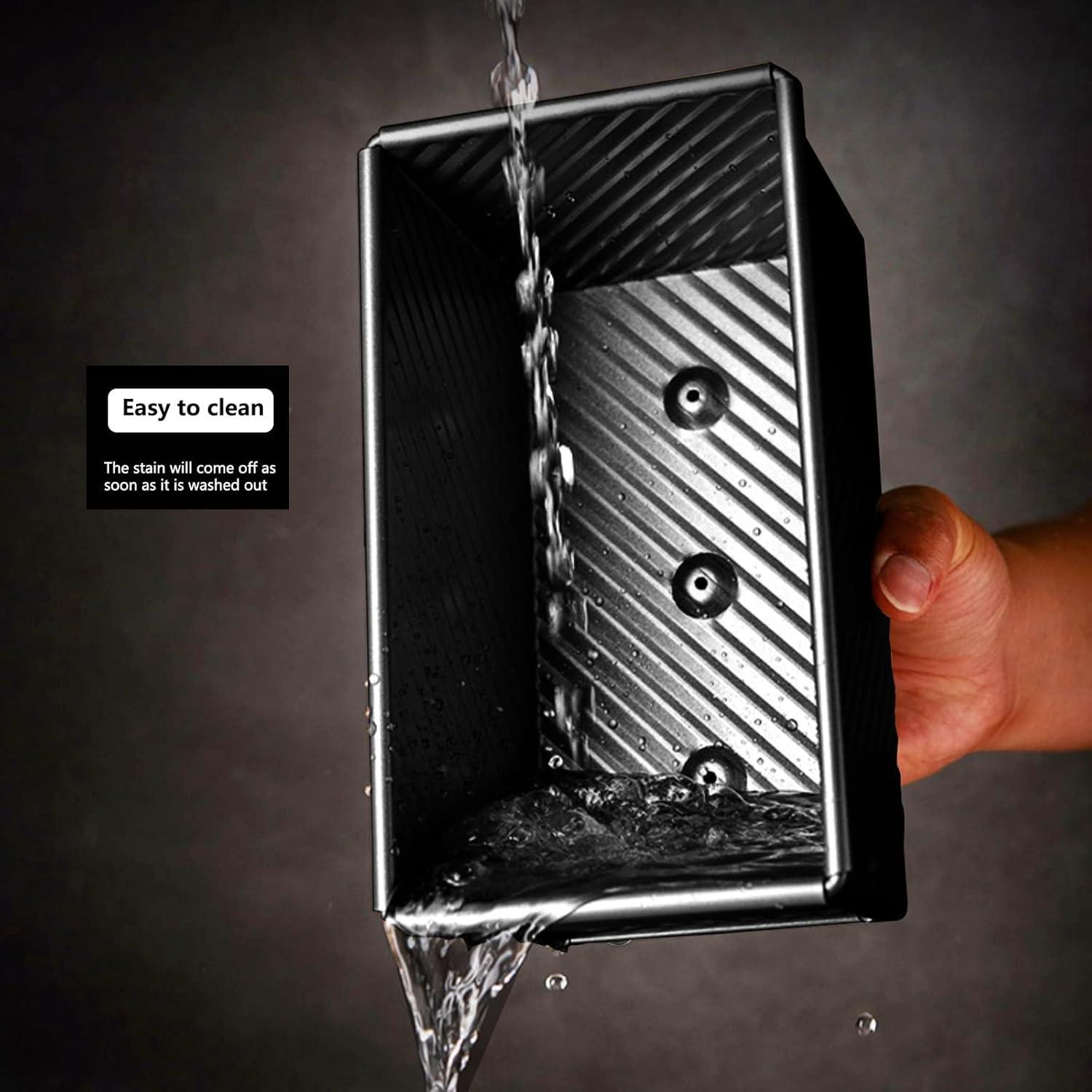 Black Pullman Loaf Pan with Lid, 1 lb Dough Capacity, Nonstick Bread Toast Mold with Cover, Carbon Steel Corrugated Bread Mould Bakeware