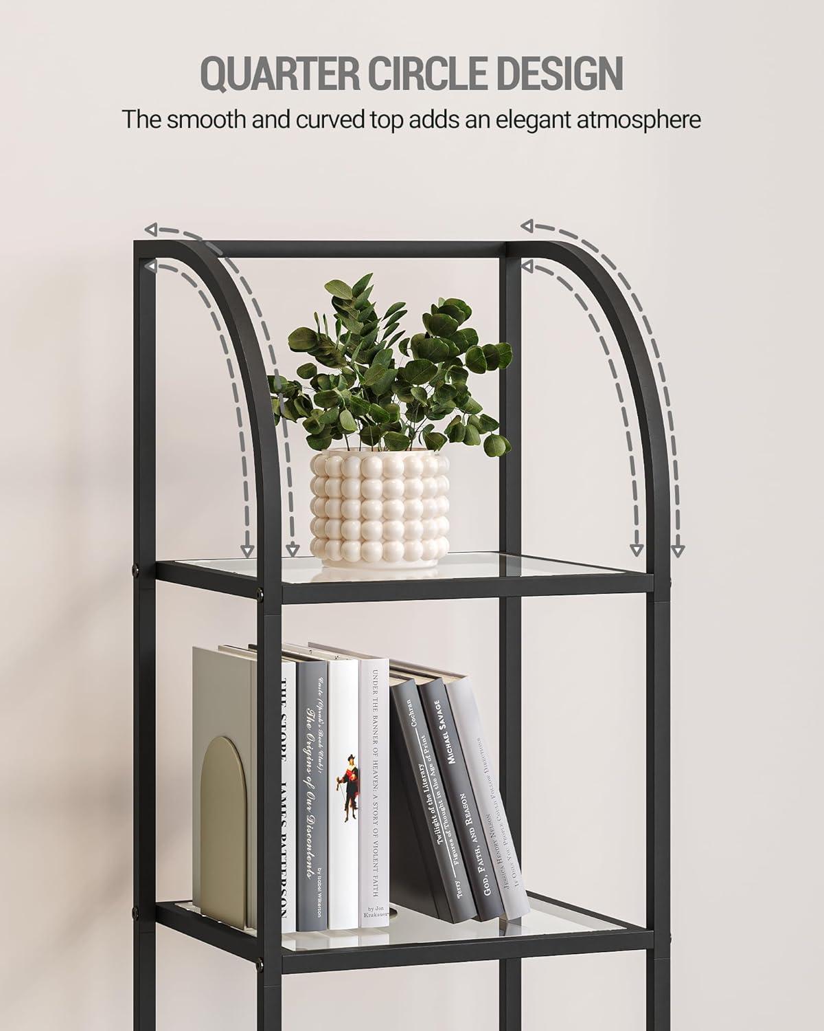 Bookcase Bookshelf, Tempered Glass Arched Bookshelf for More Storage, Slim Shelving Unit for Bedroom, Bathroom, Home Office, Steel Frame, 6 Tier Black BC20699B