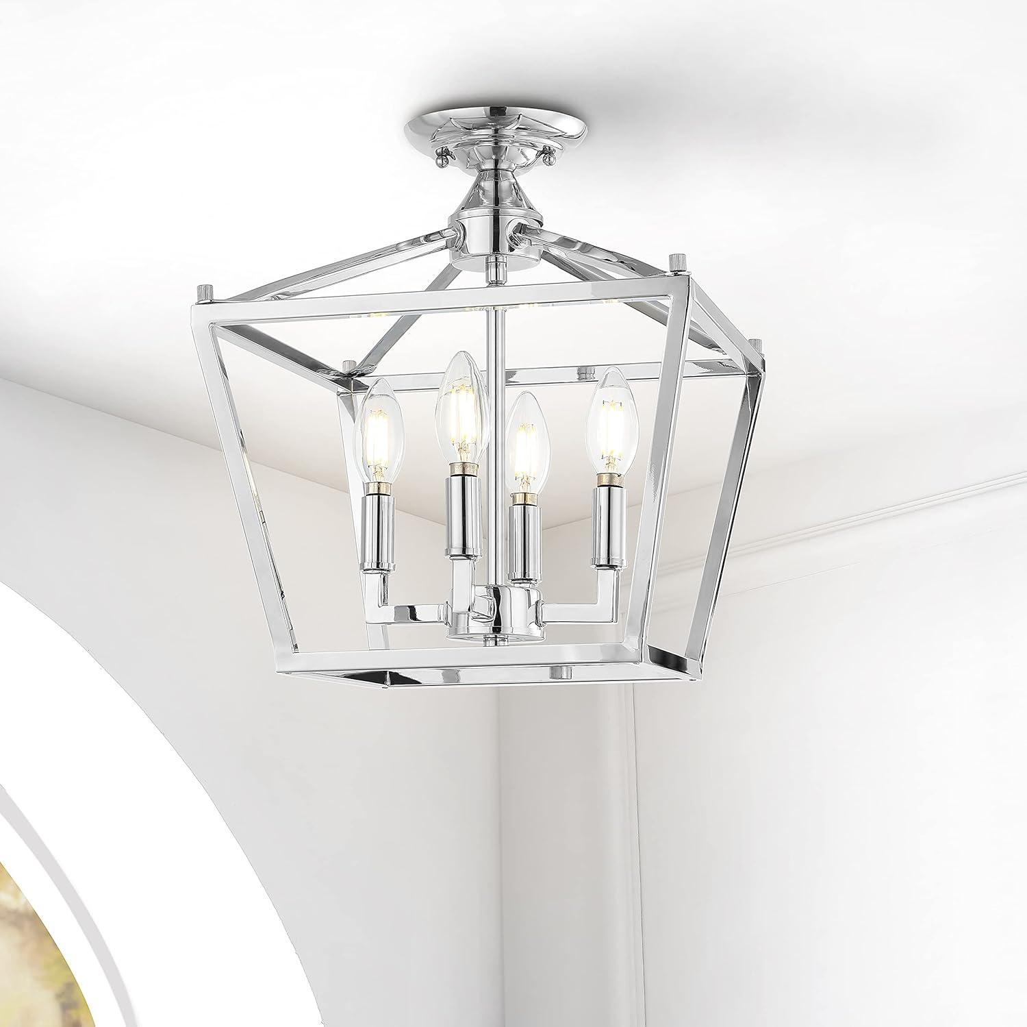 Plains Mini Lantern 12 in. 4-Light Chrome Iron Modern Farmhouse LED Flush Mount