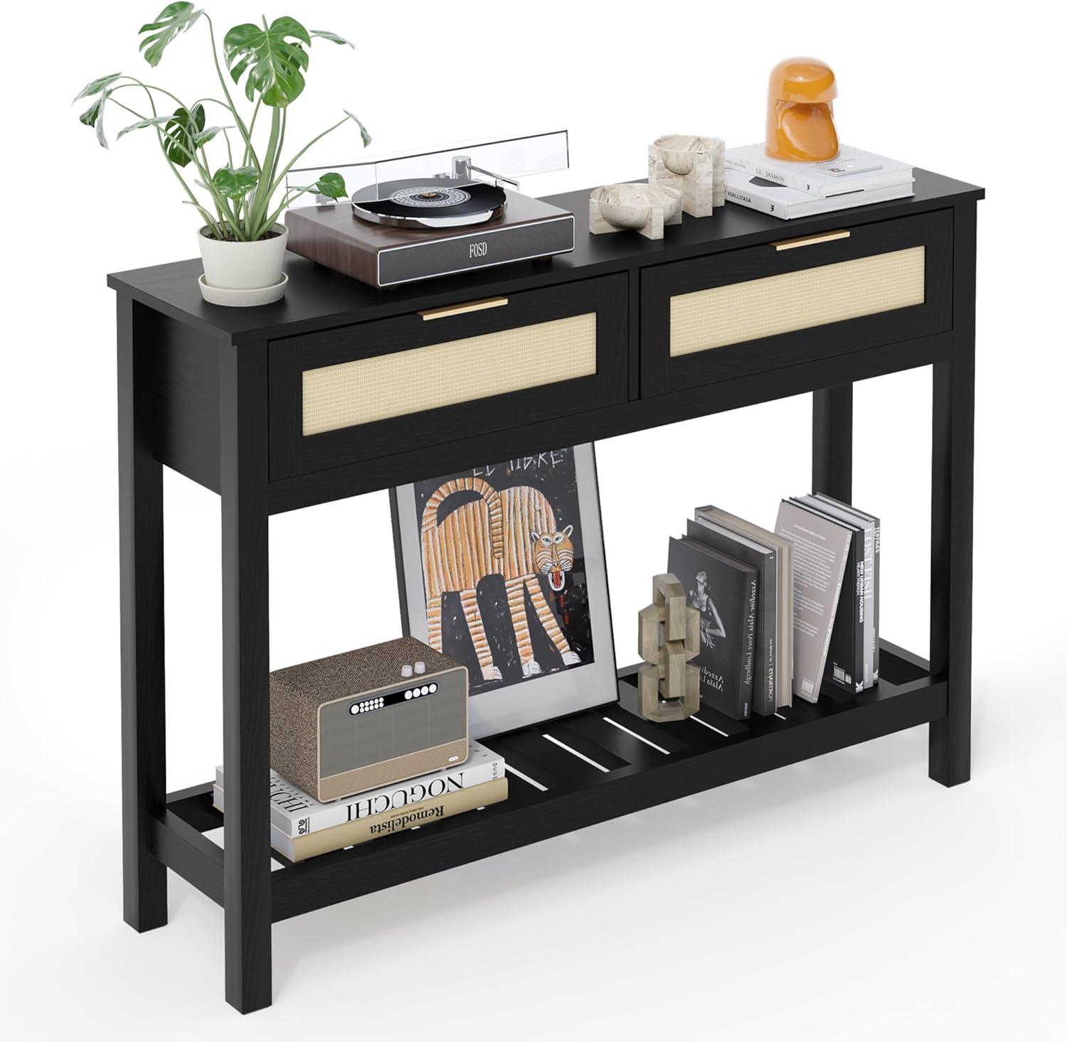 Console Tables with 2 Drawers,Rattan Entryway Table with Storage Shelf,Wood Boho Foyer Tables for Entryway,Farmhouse Console Tables for Living Room,Hallway, Sofa Table,Study Or TV Wall