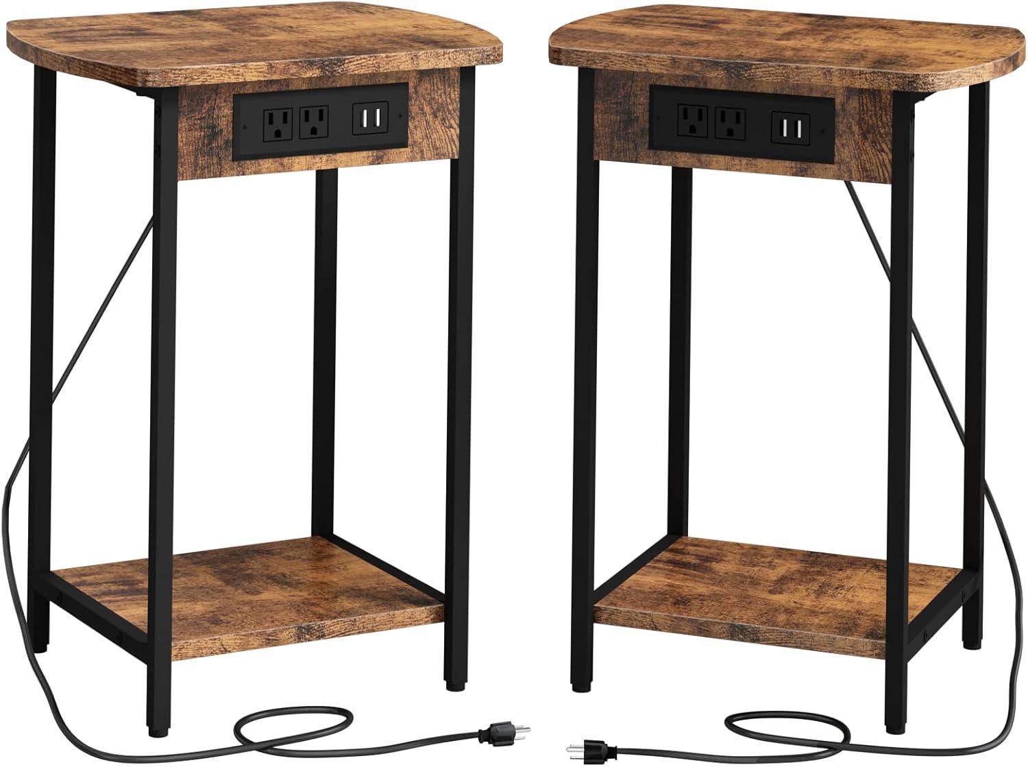 Rustic Brown End Tables with Charging Station and Storage Shelf