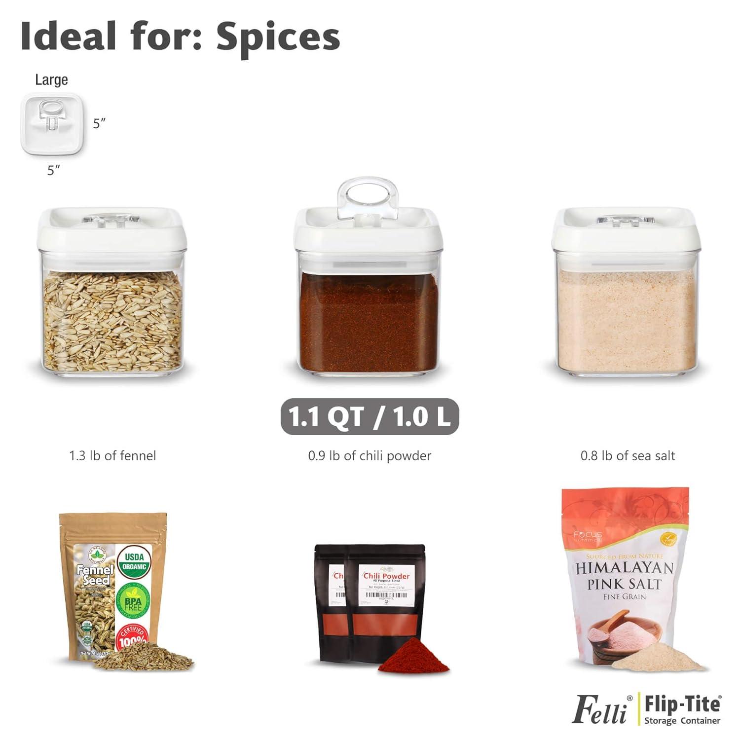 Felli Flip Tite Food Storage Container 5" LARGE Size Airtight Lid Lock Top, Stackable Kitchen Canister for Space Saving, Pantry Fridge Cupboard Organizer, Spice Seasoning Pet Treats Snack (1.1 qt)