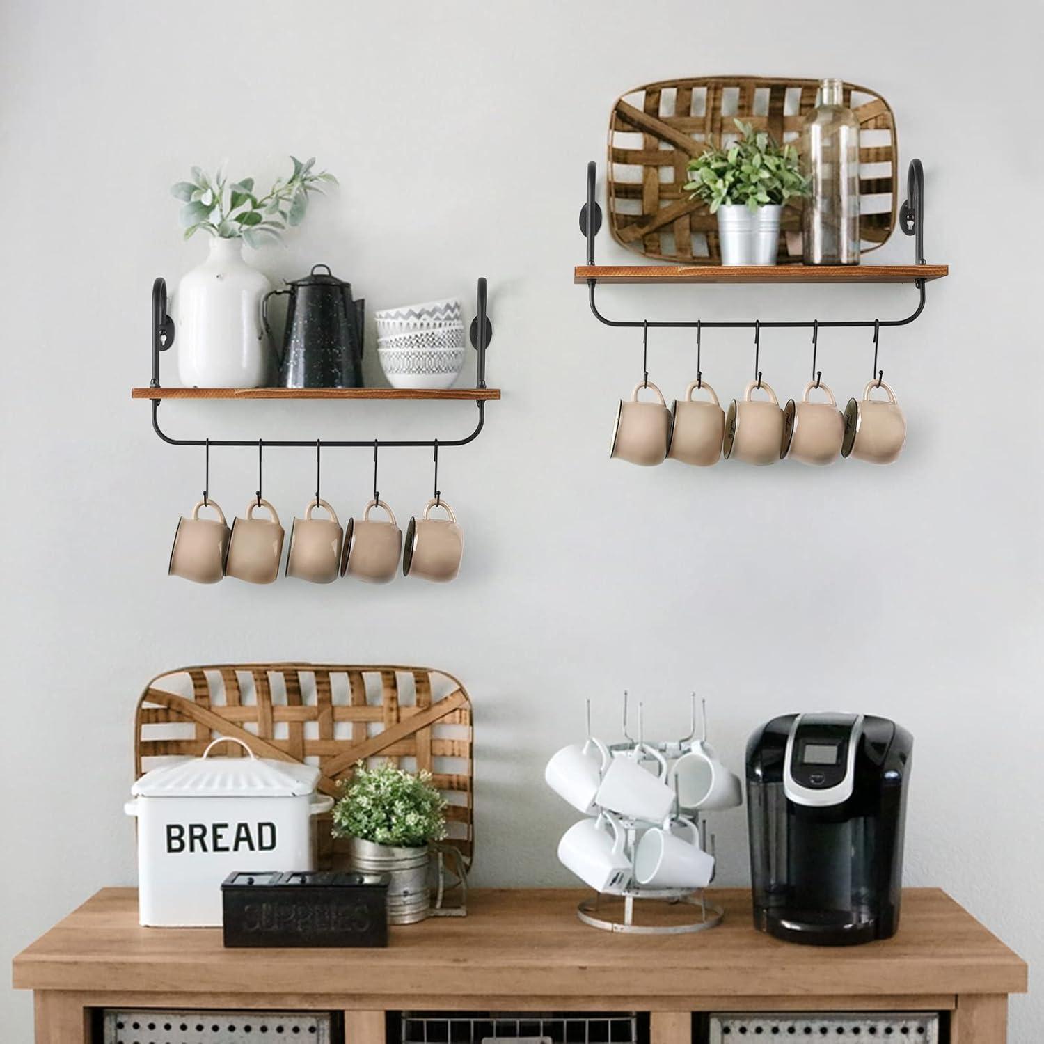 Carbonized Black Wood Floating Kitchen Shelves with Hooks