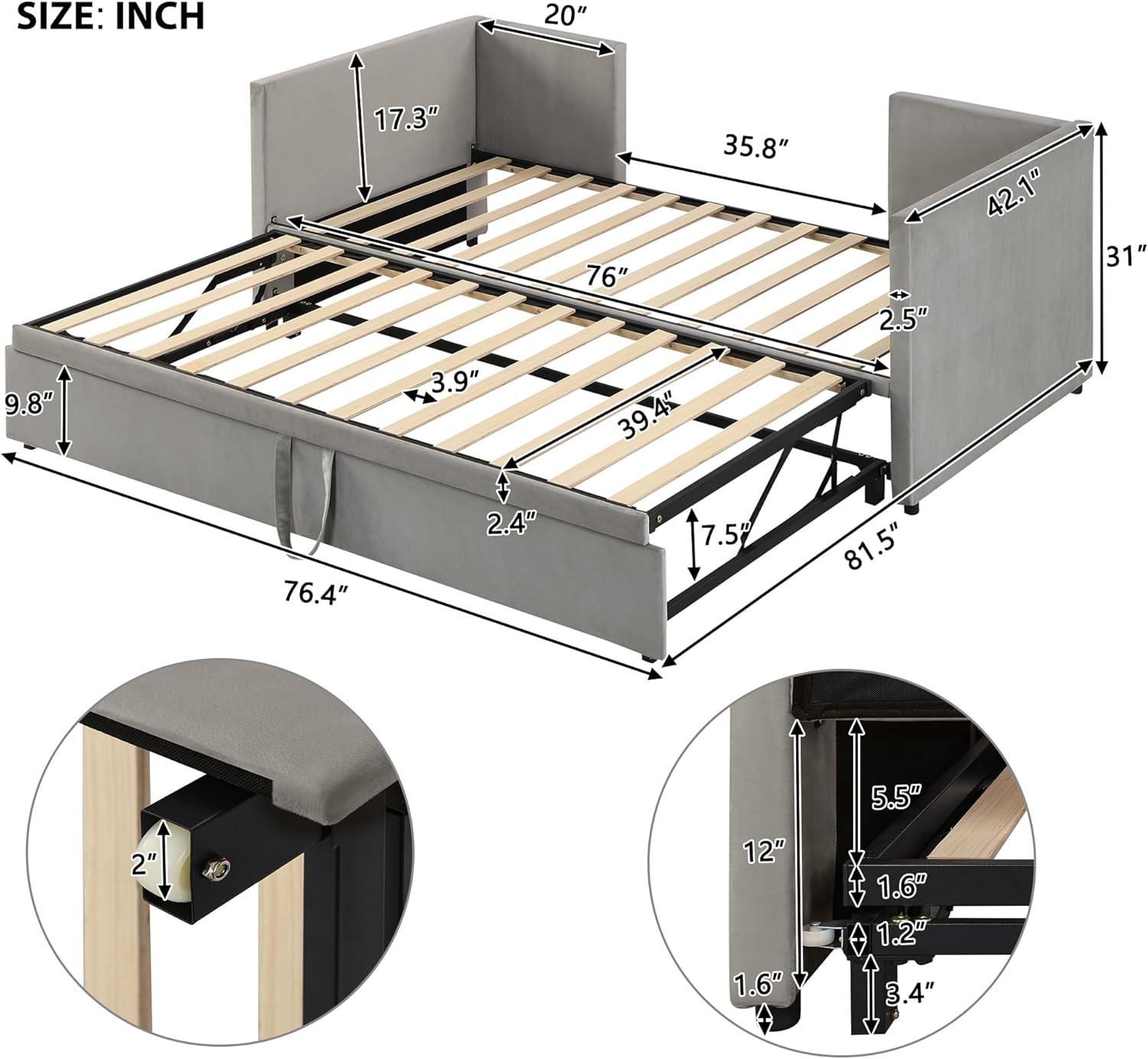 Twin Size Upholstered daybed with Extendable Trundle, Gray