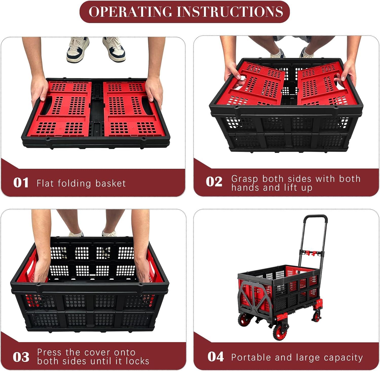 Arlopu 2 in 1 Foldable Hand Truck Dolly with Basket, 330LBS Capacity Folding Hand Cart Platform Cart Dolly with Retractable Handle, Rubber Wheels and 2 Elastic Ropes