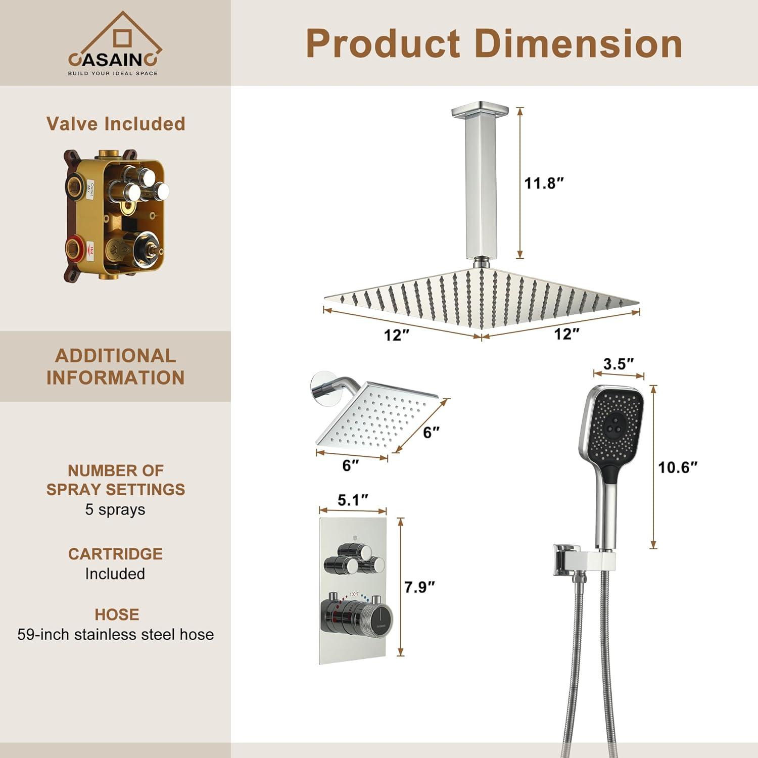 Rainfall Symphony 3-Function Dual Shower Head Thermostatic Shower System with 3 Sprays Handheld