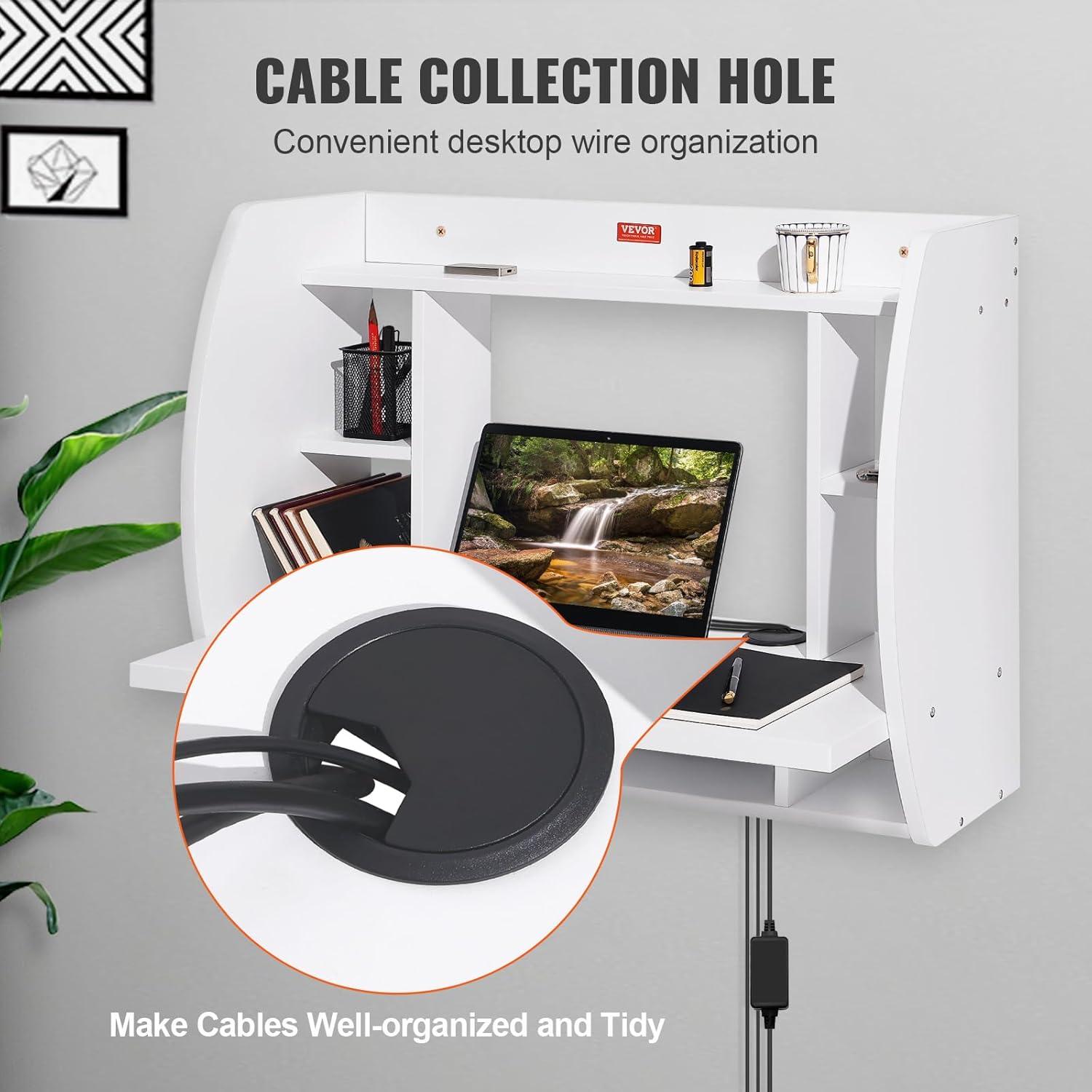 White Wall Mounted Foldable Desk with Power Outlet and Storage