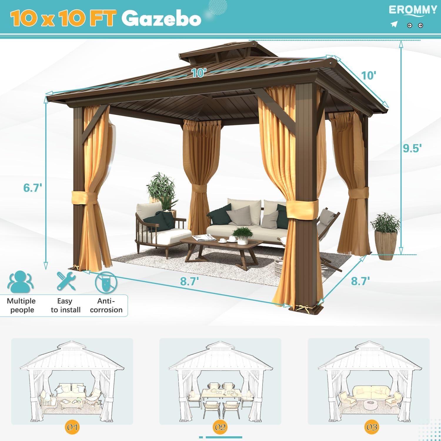 10' x 10' Brown Steel and Aluminum Outdoor Gazebo with Curtains