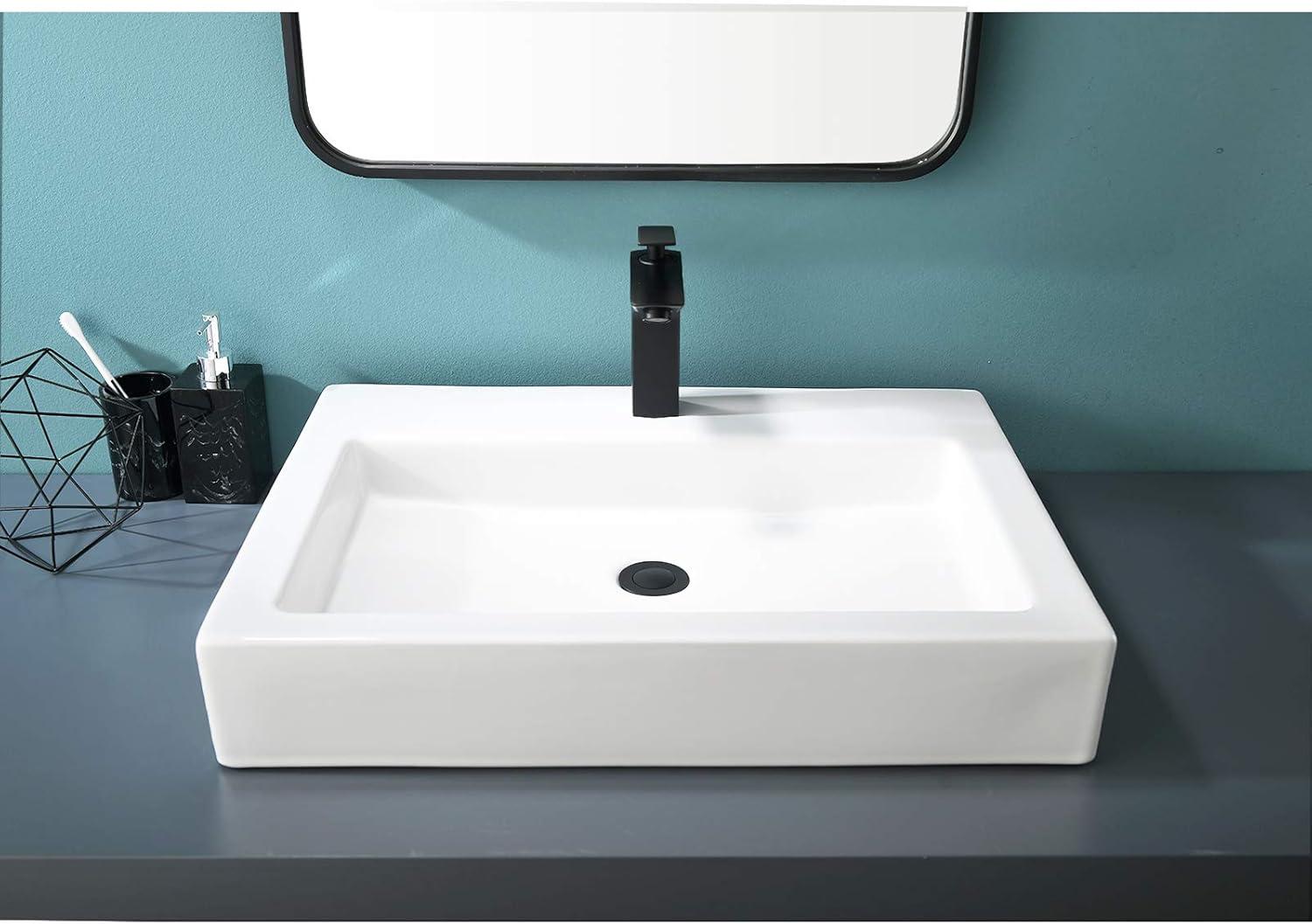 Rectangular White Ceramic Above-Counter Bathroom Sink with Faucet Hole