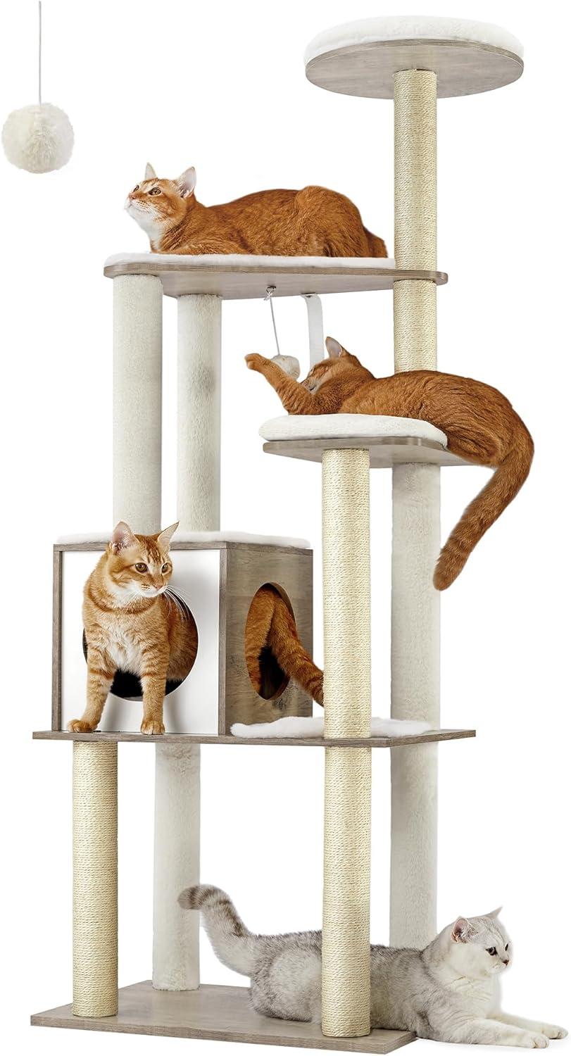 Feandrea 65-Inch Greige Multi-Level Cat Tree with Scratching Posts