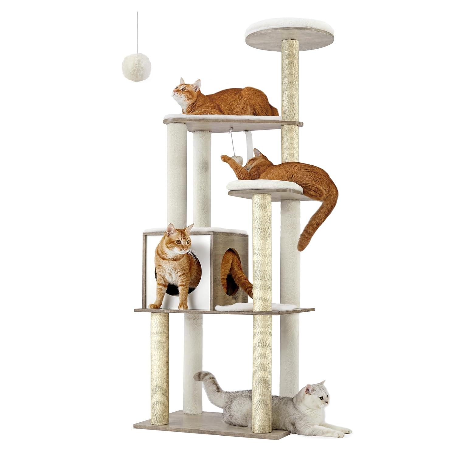 Feandrea WoodyWonders Cat Tree, 65-Inch Modern Cat Tower for Indoor Cats, Multi-Level Cat Condo with Scratching Posts, Cat Furniture, Greige