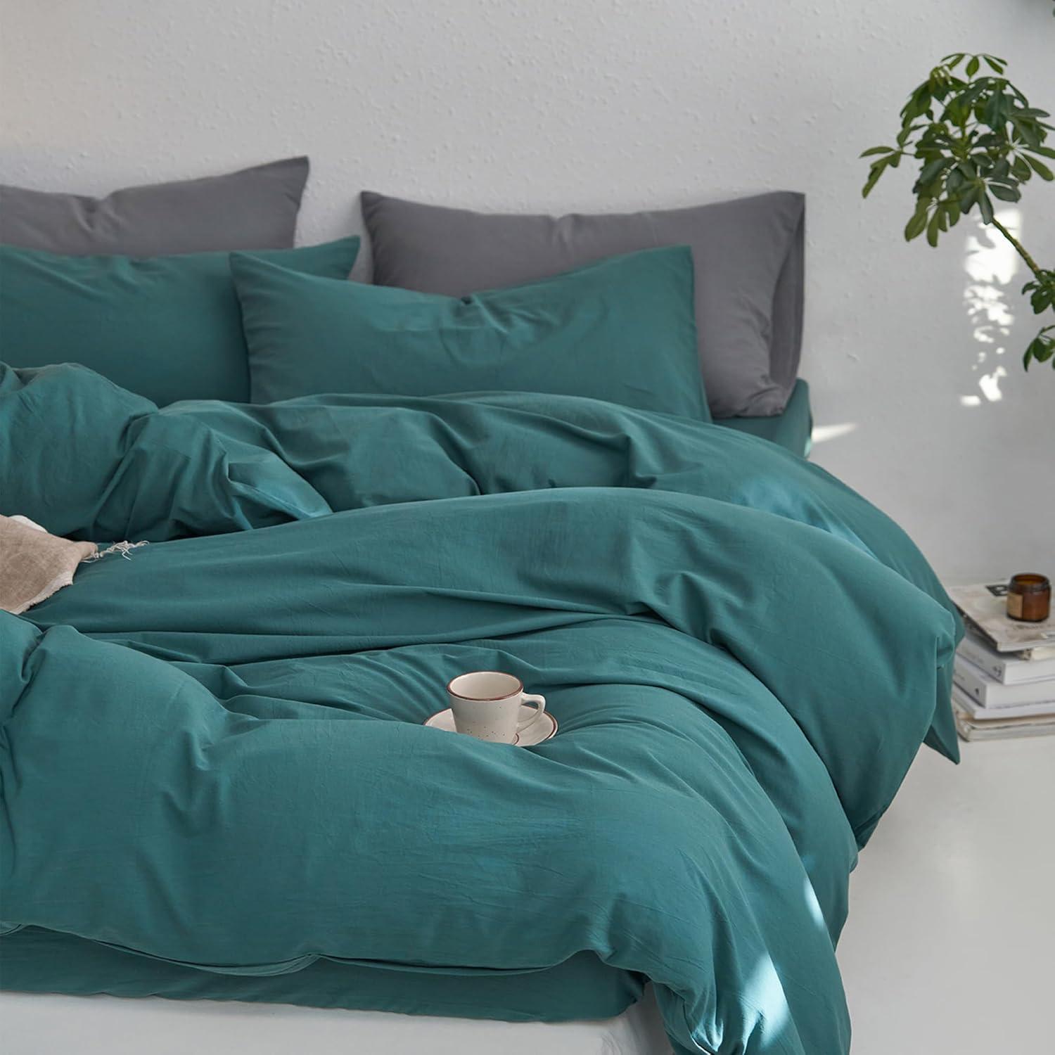 MOOMEE 100% Washed Cotton Linen Like Textured Duvet Cover Set