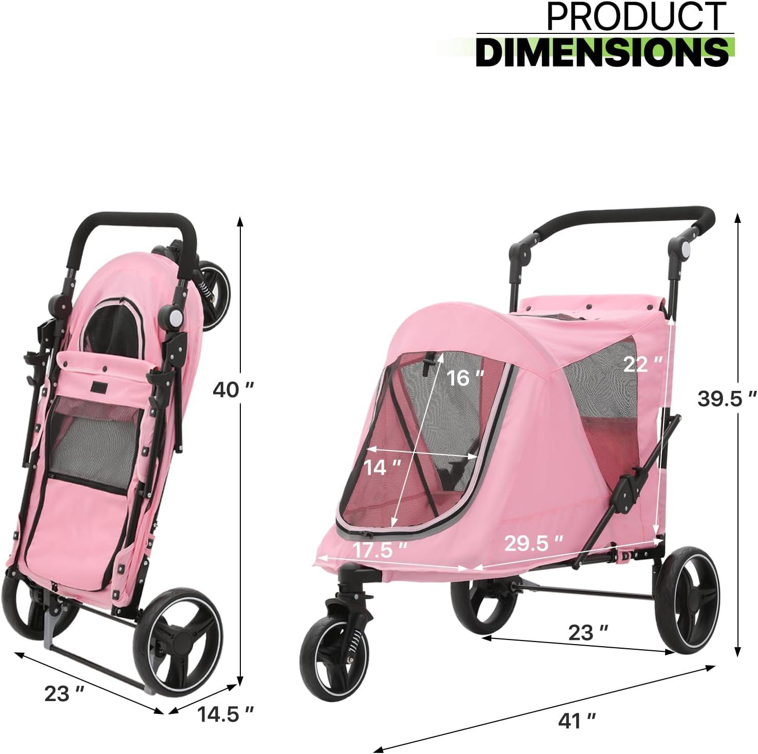 Pink Foldable Pet Stroller for Small to Medium Dogs and Cats