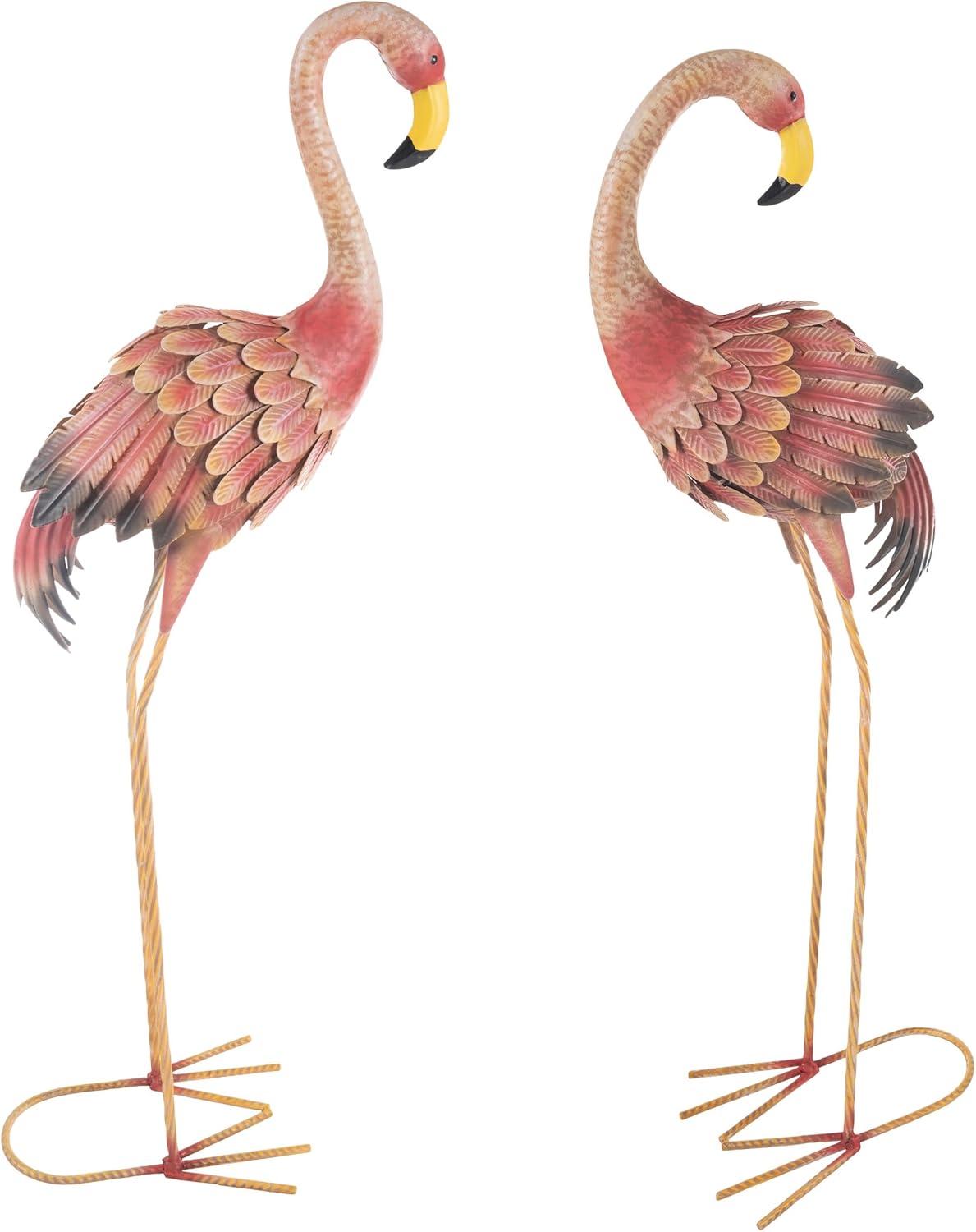 31 in. Hand-Painted Pink Metal Flamingo Garden Statues