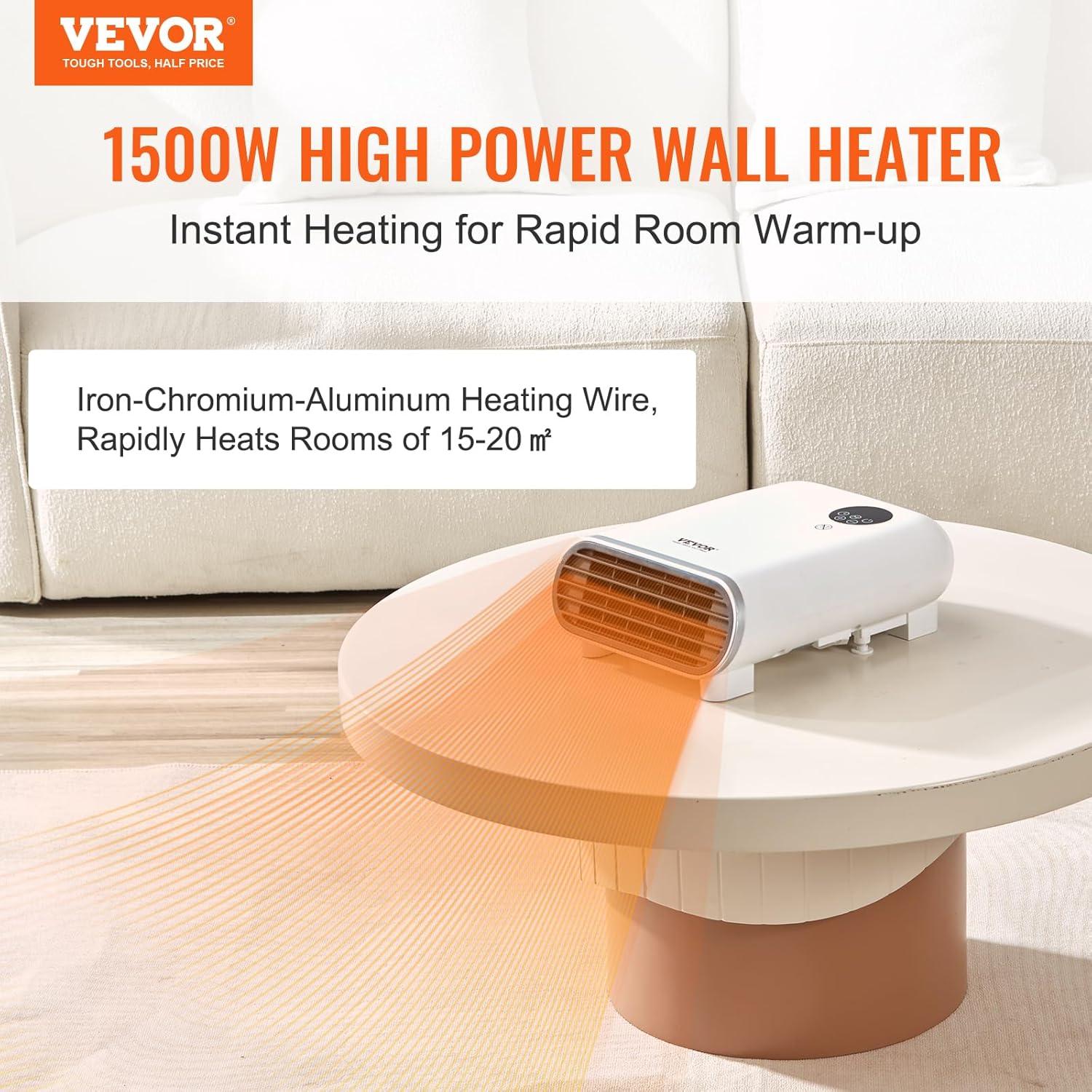 VEVOR Electric Wall Heater 1500W, Small Space Heaters with Touch Screen & Wireless Remote Control, Tip-over & Overheat & IPX24 Waterproof Safety Protection, Wall-Mount/Tabletop for Indoor Use, White