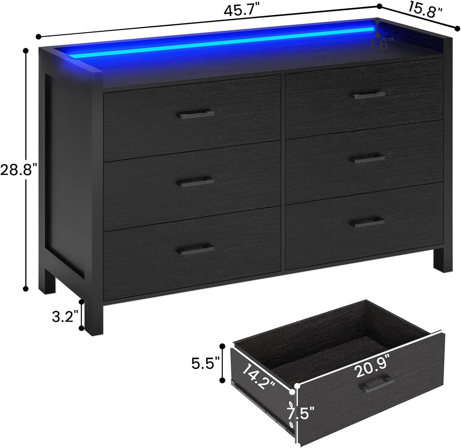 6 Drawer Double Dresser with LED Lights for Bedroom, Modern Chest of Drawers for Living Room, Black