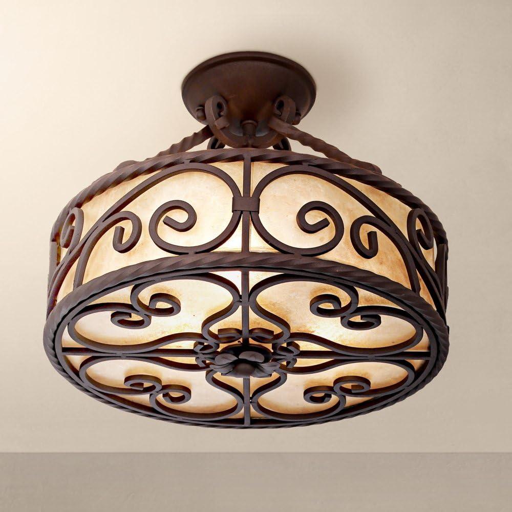 John Timberland Natural Mica Rustic Ceiling Light Semi Flush Mount Fixture 15" Wide Deep Walnut Scroll 3-Light Drum Shade for Bedroom Living Room Home