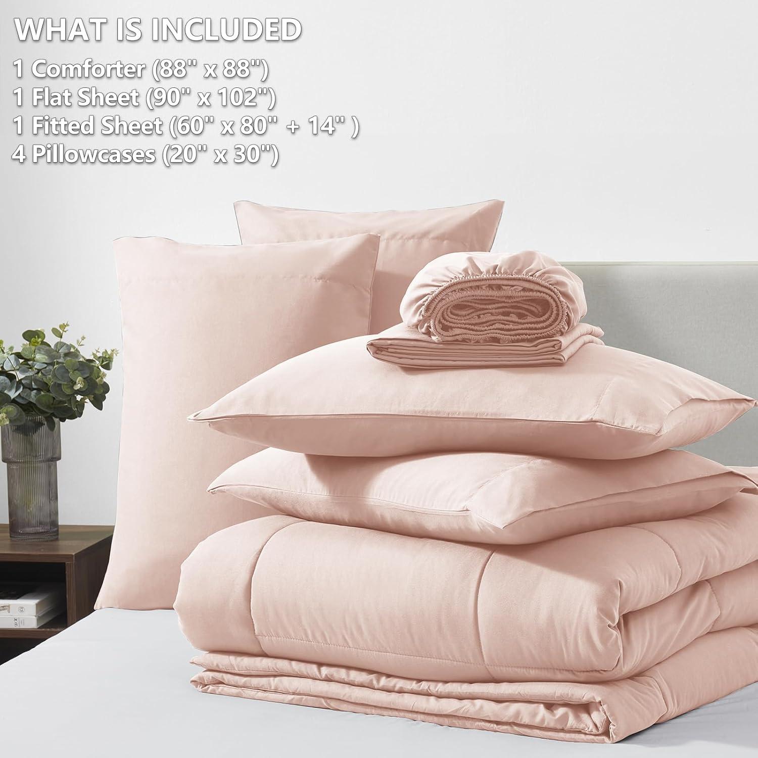 CozyLux Pink Comforter Set Queen - 7 Pieces Bed in a Bag Toddler Girls Comforter Set Teen Girl Bedding Sets with All Season Quilted Comforter, Flat Sheet, Fitted Sheet, Pillowcases, Blush Pink