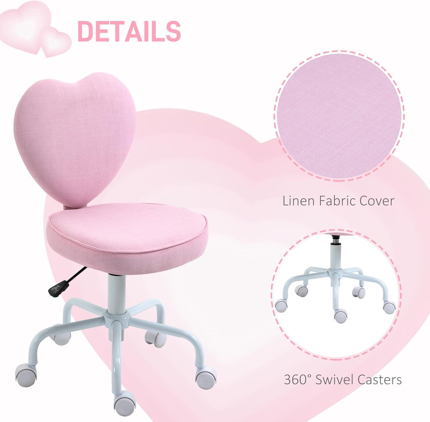 HOMCOM Heart Love Shaped Back Design Office Chair with Adjustable Height and 360 Swivel Castor Wheels, Pink