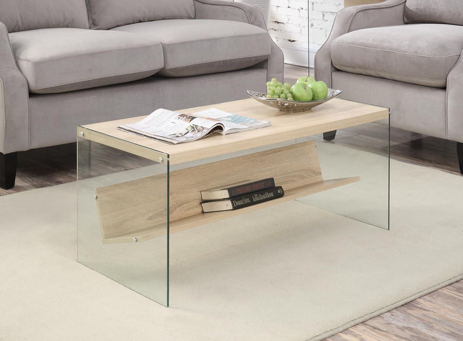 Convenience Concepts SoHo Glass Coffee Table with Shelf, Weathered White/Glass