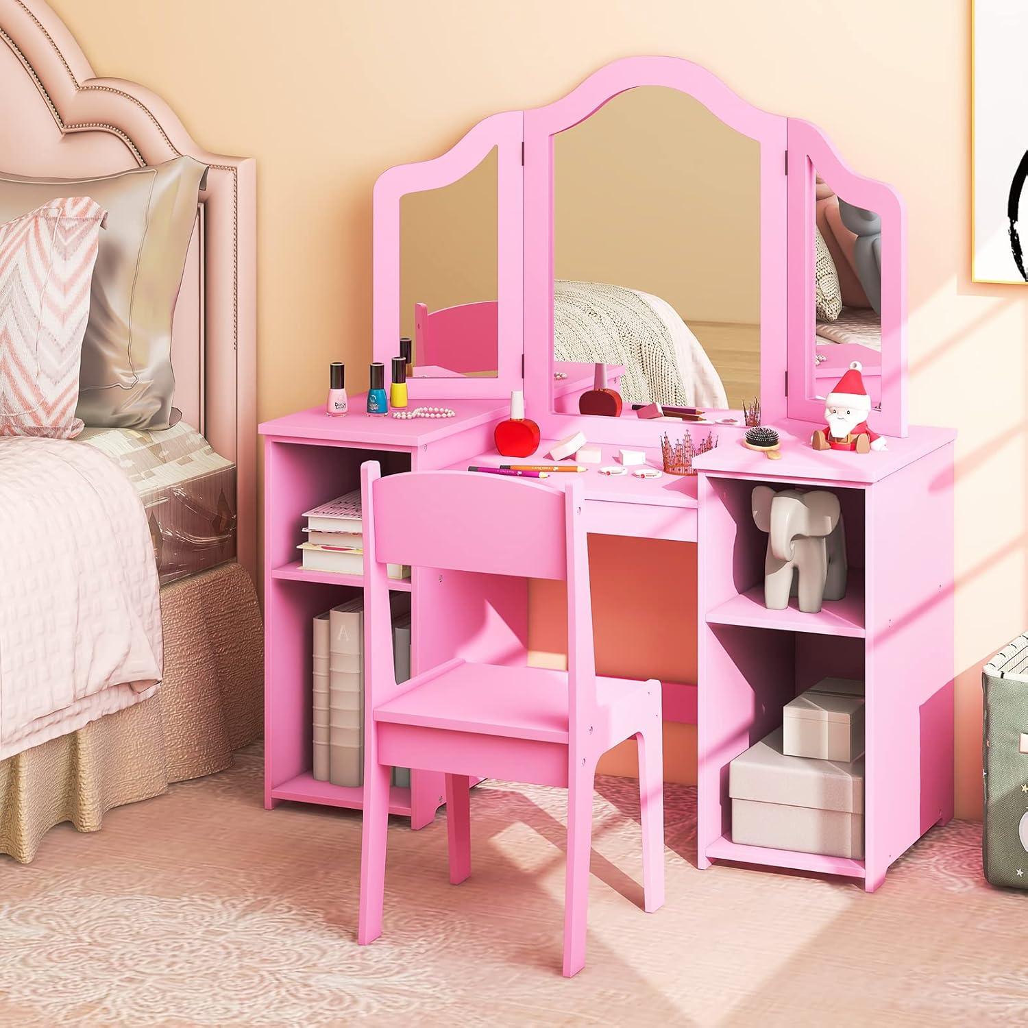 KORIMEFA Kids Vanity, Girls Vanity With touch Light Detachable Tri-Folding Mirror, Open Storage Shelves, Wood Makeup Playset with Chair, Princess Vanity Table for Toddlers, Pink