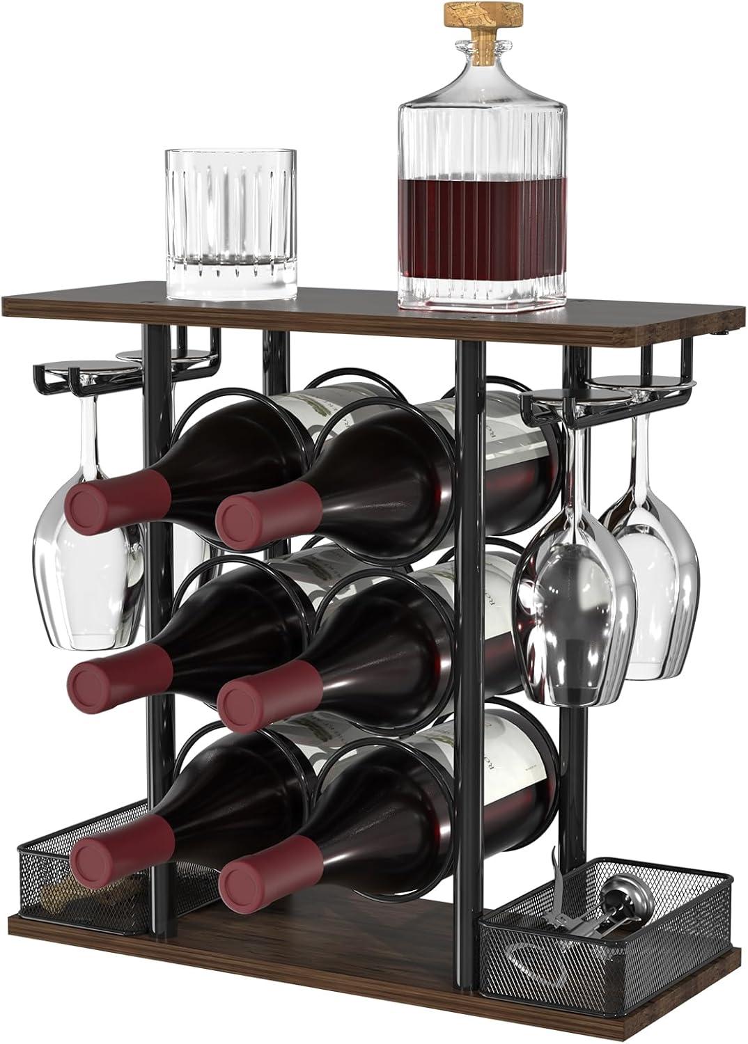 3-Tier Dark Brown Wood and Black Metal Wine Rack