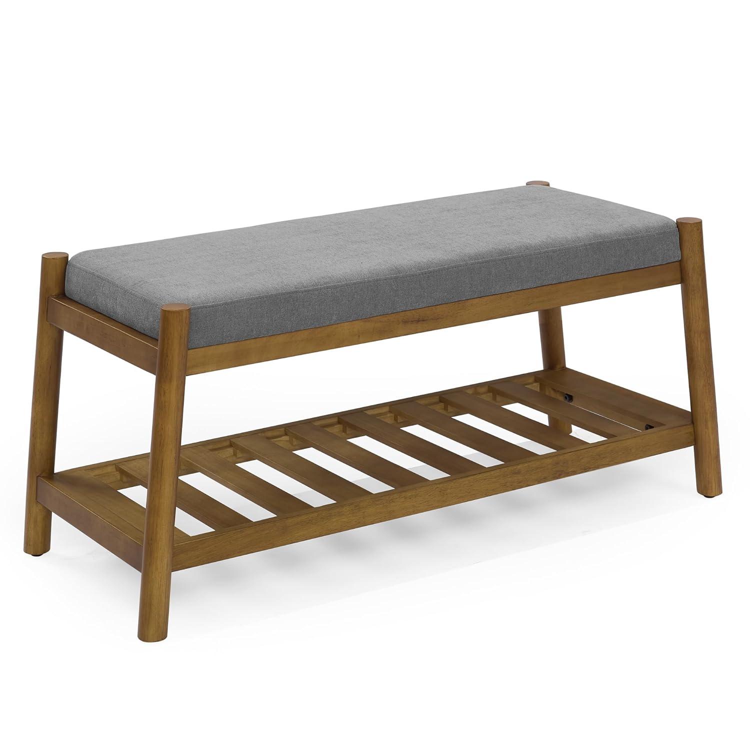 Upholstered Entryway Bench, Bedroom Bench for End of Bed, Dining Bench with Padded Seat for Kitchen, Living Room, Fabric Rubber Wood Indoor Bench (Beige)