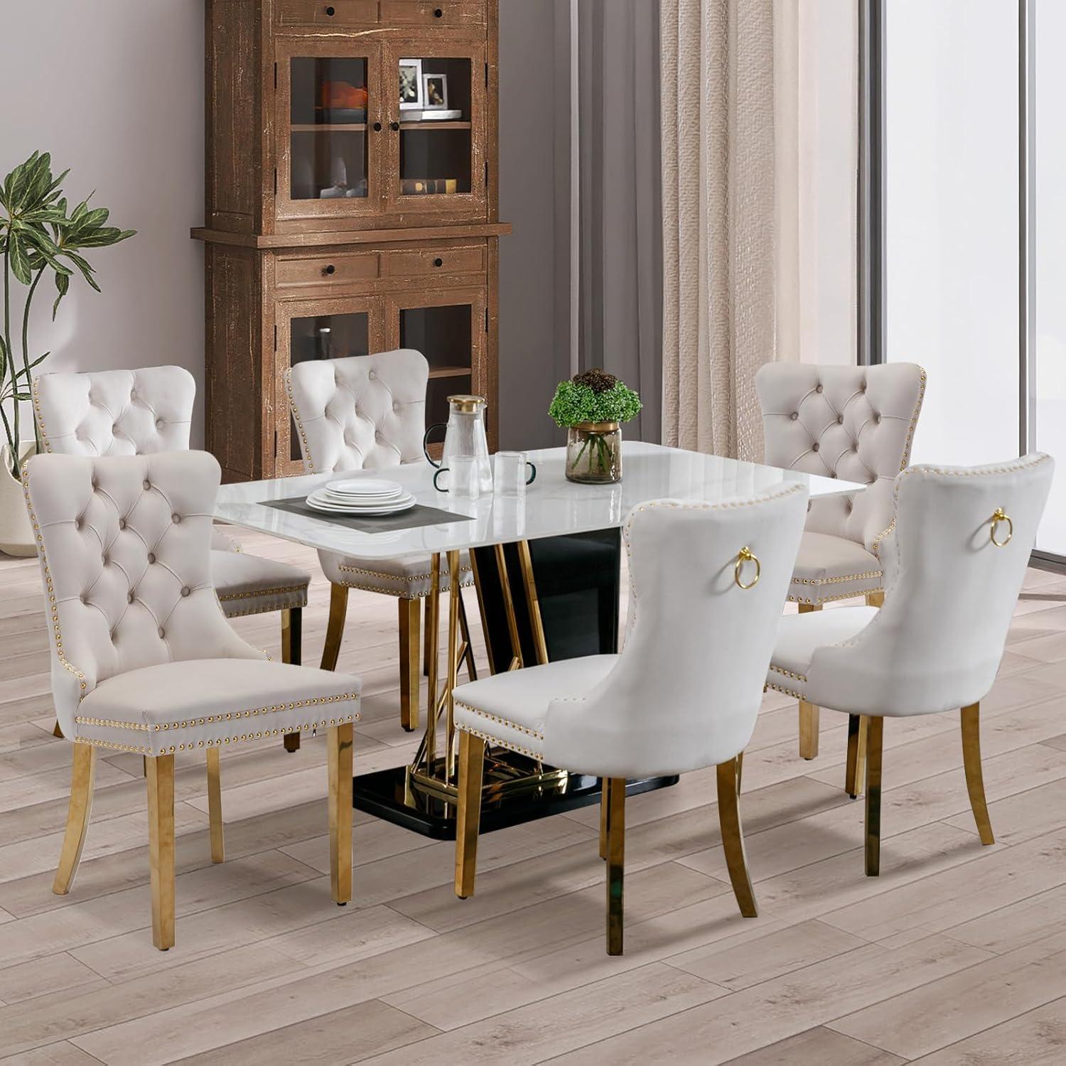 SoarFlash Velvet Dining Chair Set of 4, Upholstered Tufted Dining Room Chair with Nailhead Trim, Solid Gold Plated Leg for Kitchen (Beige)
