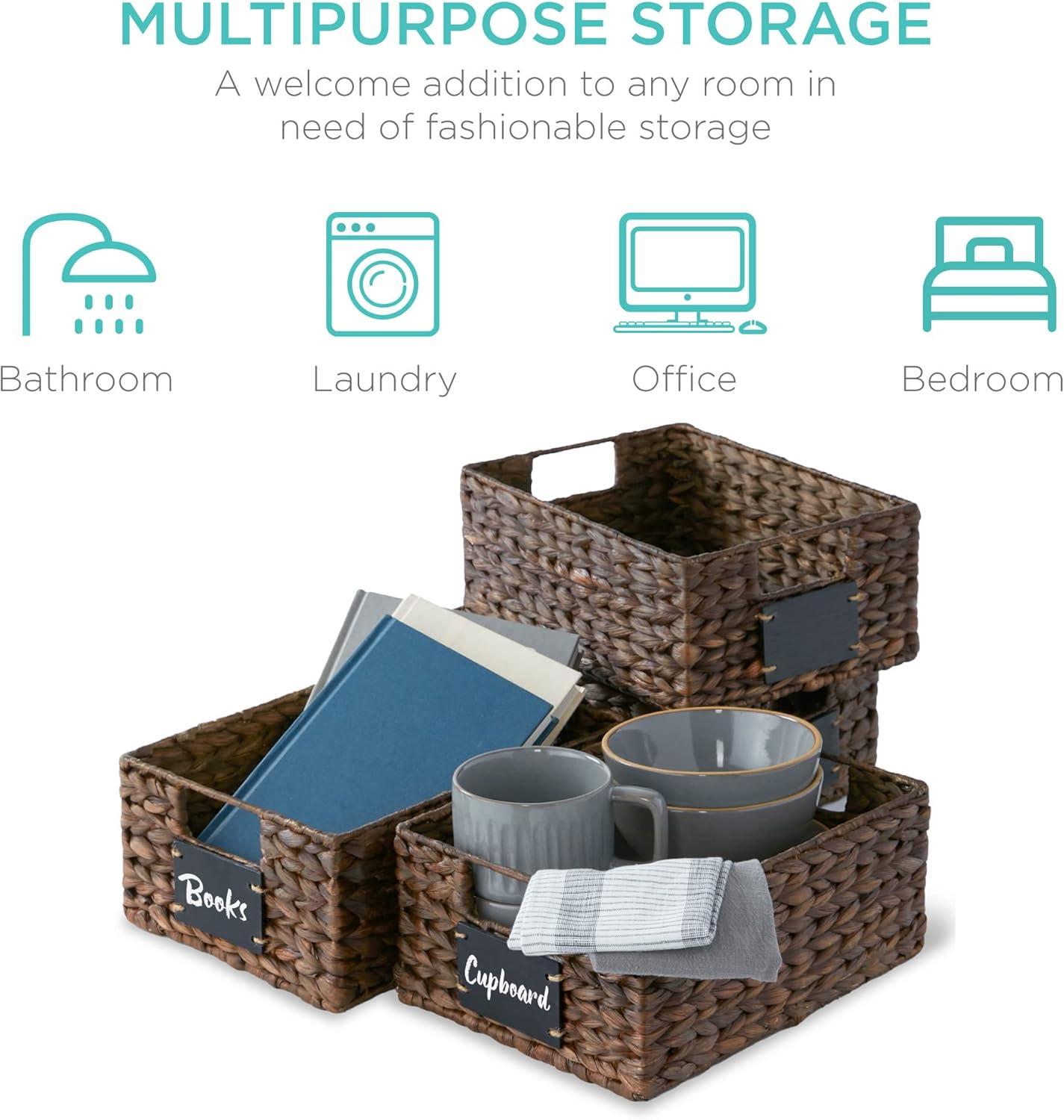 Best Choice Products Set of 4 12in Woven Water Hyacinth Pantry Baskets w/ Chalkboard Label, Chalk Marker - Brown