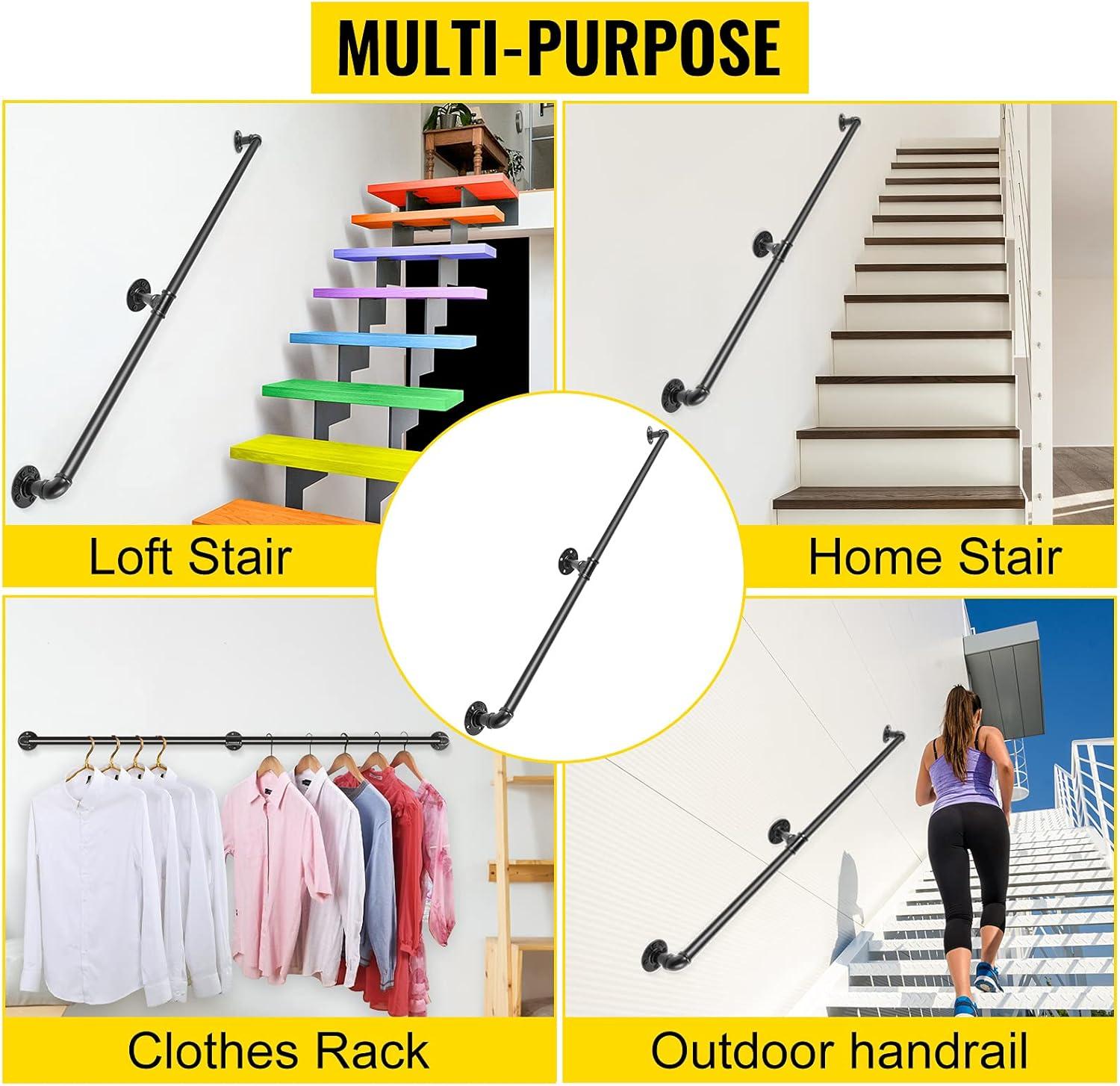 4 ft. Pipe Stair Handrail 440 lbs. Load Capacity Wall Mounted Handrail Round Corner Handrails for Outdoor Steps, Black