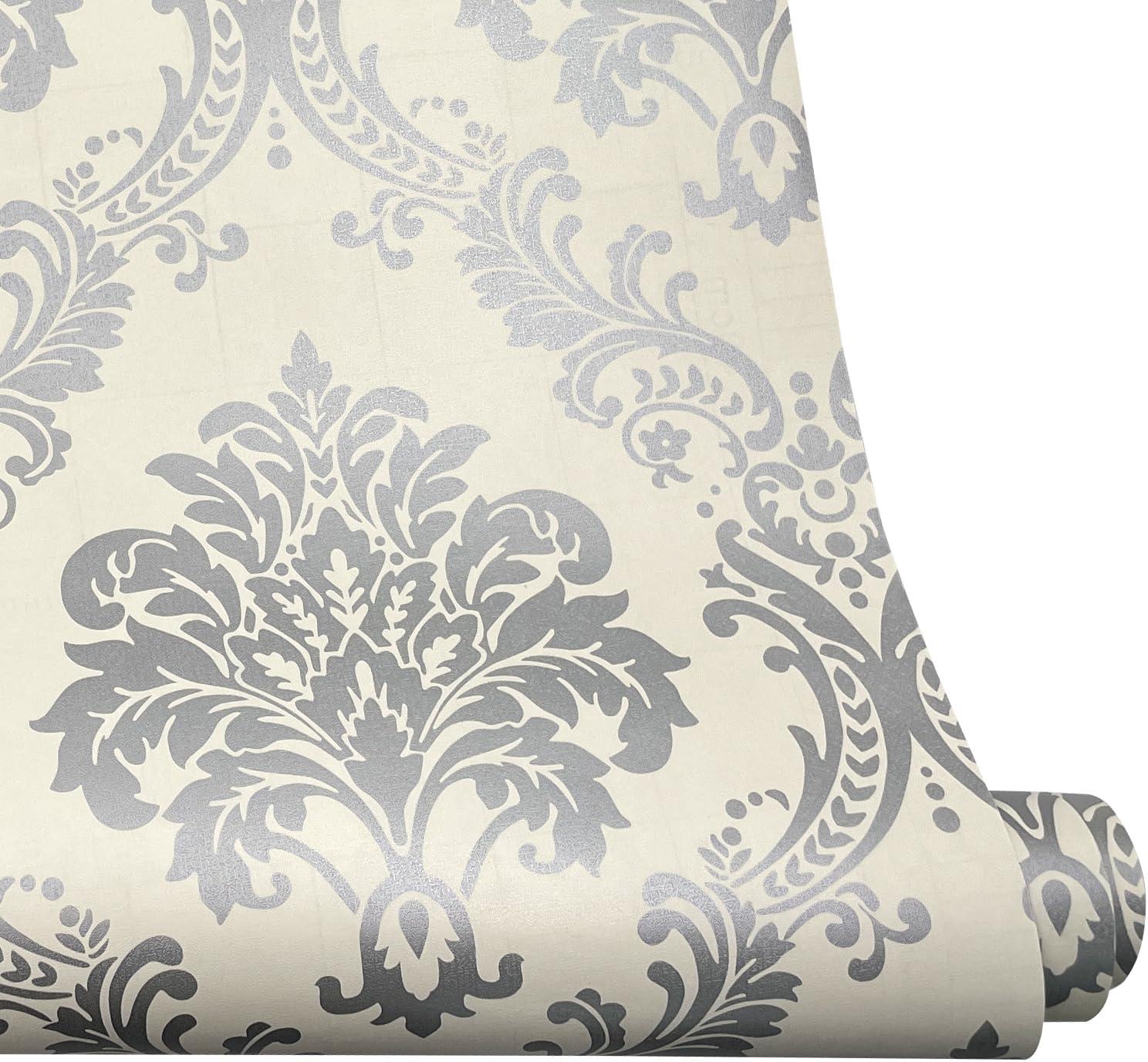 Yifely Vintage Gray Damask Removable PVC Shelf Drawer Liner Home Decor 17x118 Inch