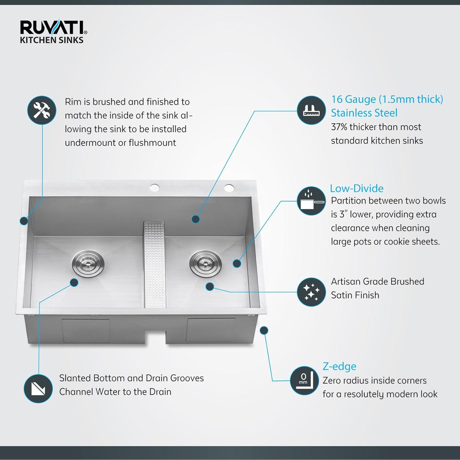 Ruvati 33-inch Drop-in Low Platform-Divide Zero Radius 60/40 Double BowlTopmount Kitchen Sink