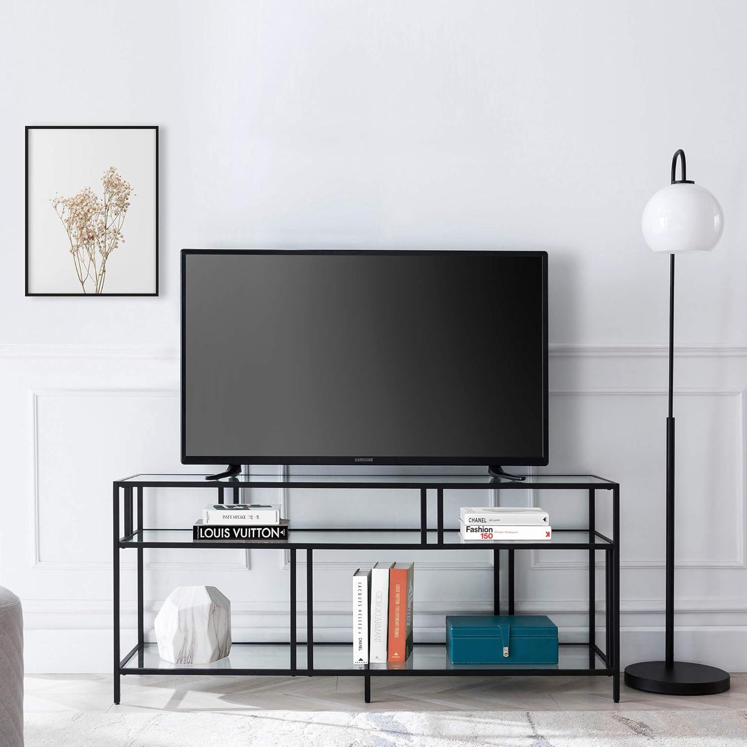 Evelyn&Zoe Cortland Rectangular TV Stand with Glass Shelves for TV's up to 60" in Blackened Bronze