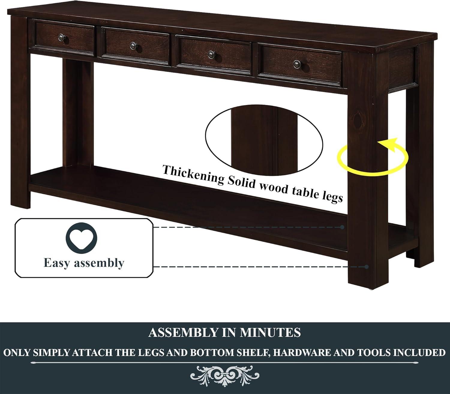 Espresso Pine Wood Console Table with Storage Drawers and Shelf