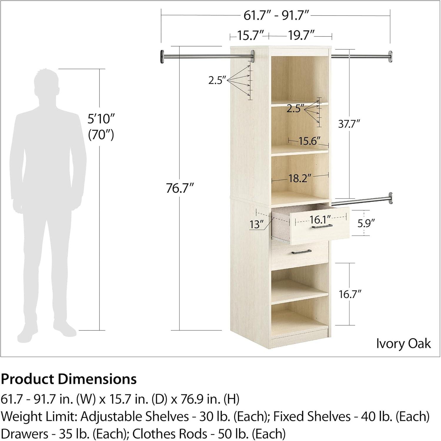 Kelly 5 Shelf 2 Drawer Closet Organizer with 3 Adjustable Hanging Rods Ivory Oak - Novogratz