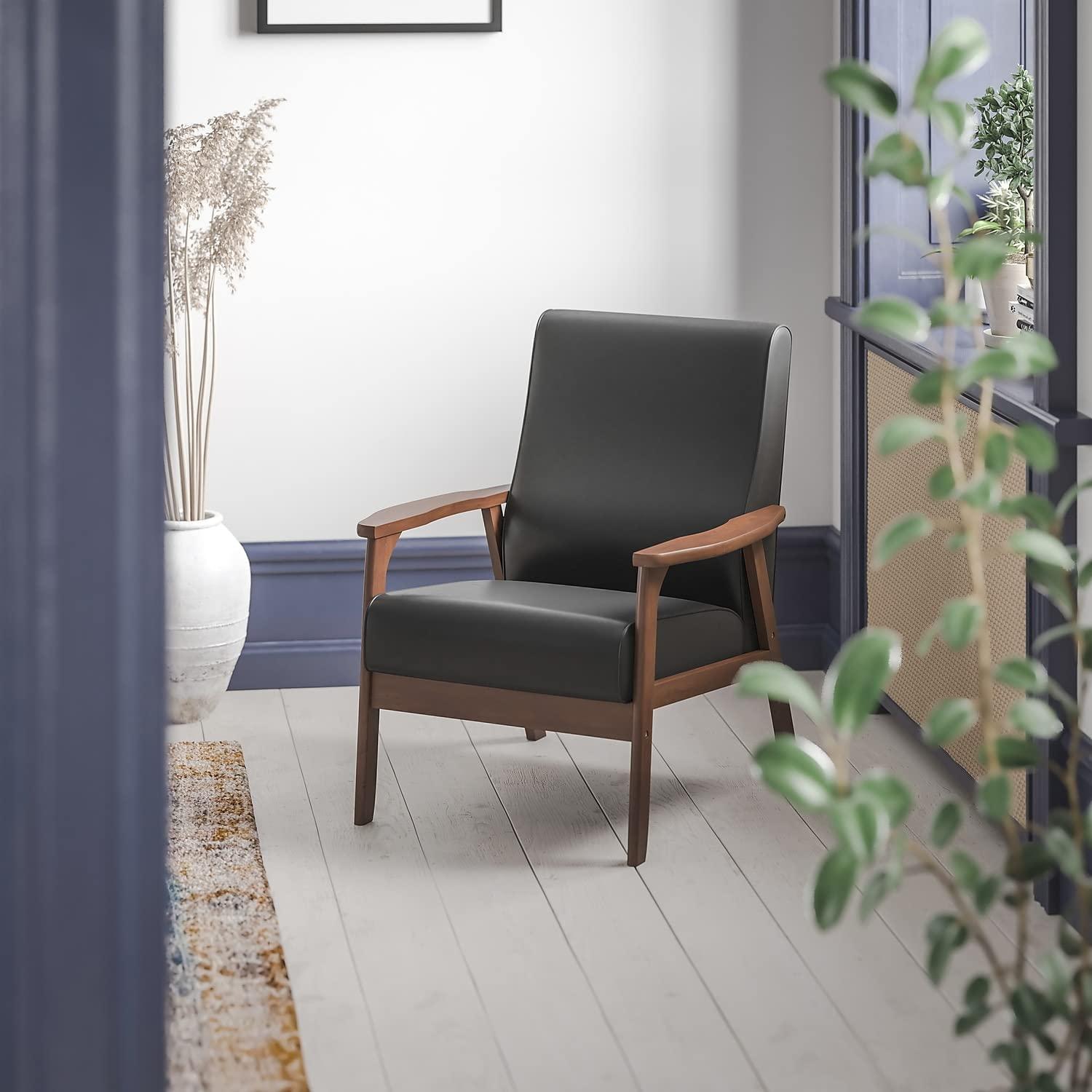 Flash Furniture Langston Commercial Grade LeatherSoft Upholstered Mid Century Modern Arm Chair with Walnut Finished Wooden Frame and Arms in Cognac