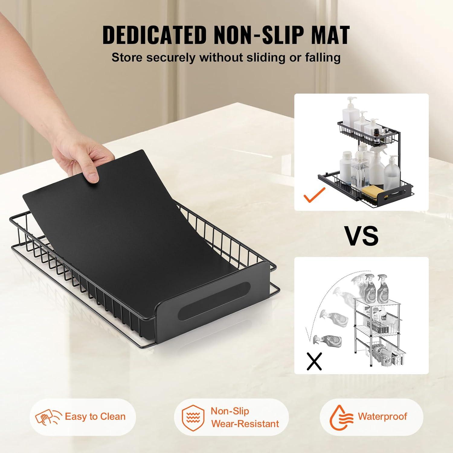 VEVOR 2 Tier Pull Out Cabinet Organizer(10.7"W x 14.2"D ), Under Sink Organizer and Storage, Slide Out Drawer Cabinet Organizer, Wire Basket Sliding Shelf for Kitchen Bathroom Cabinet, Black (2 Pack)
