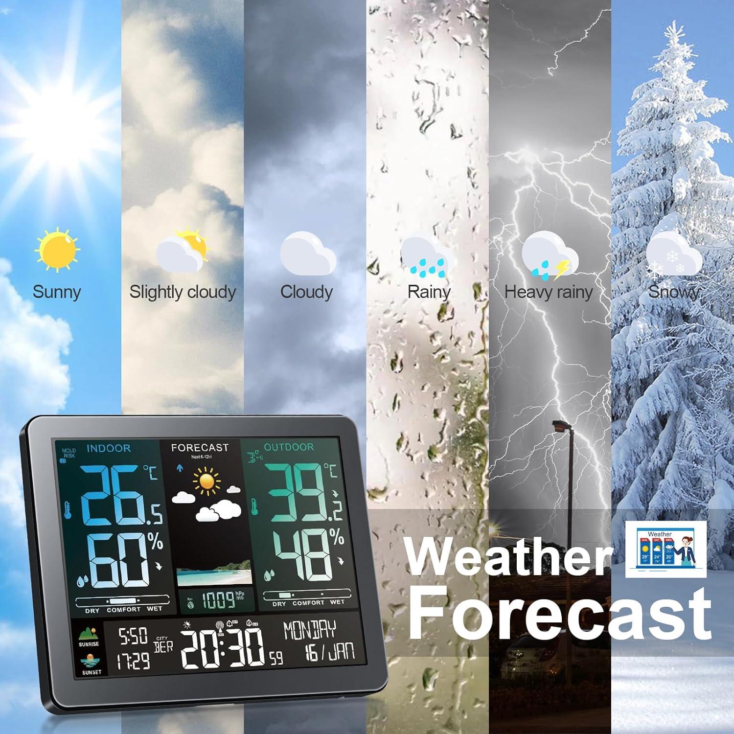 Weather Station Wireless Indoor Outdoor with Sensors Color Display Digital Weather Forecast Temperature Humidity Monitor Alarm Clock Electronic Sunrise Sunset Time Adjustable Backlight for Home Wall