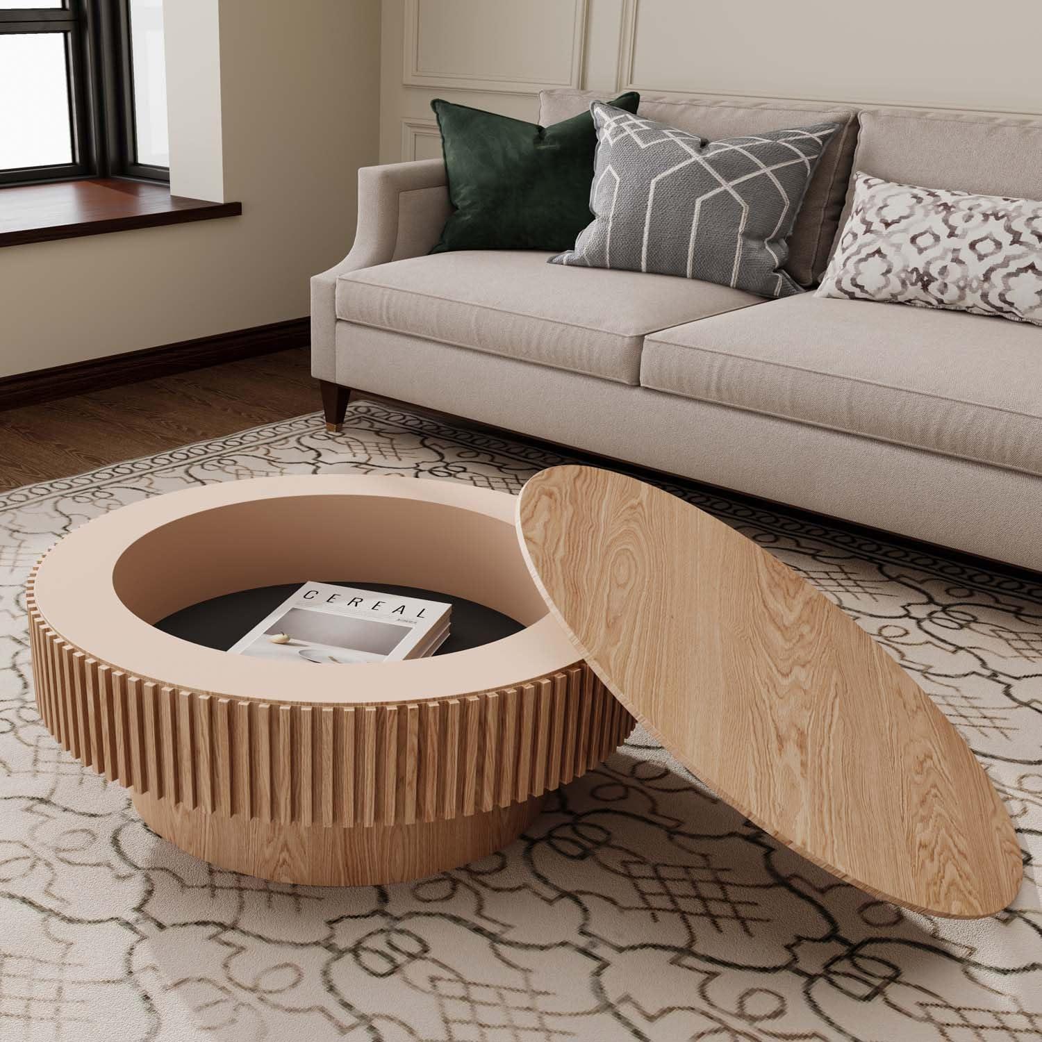 HomVent 31.5'' Round Coffee Table with Storage, Modern Wooden Coffee Table with Solid Wood Veneered, Circle Center Table Accent Tea Table for Living Room, Small Space, Apartment