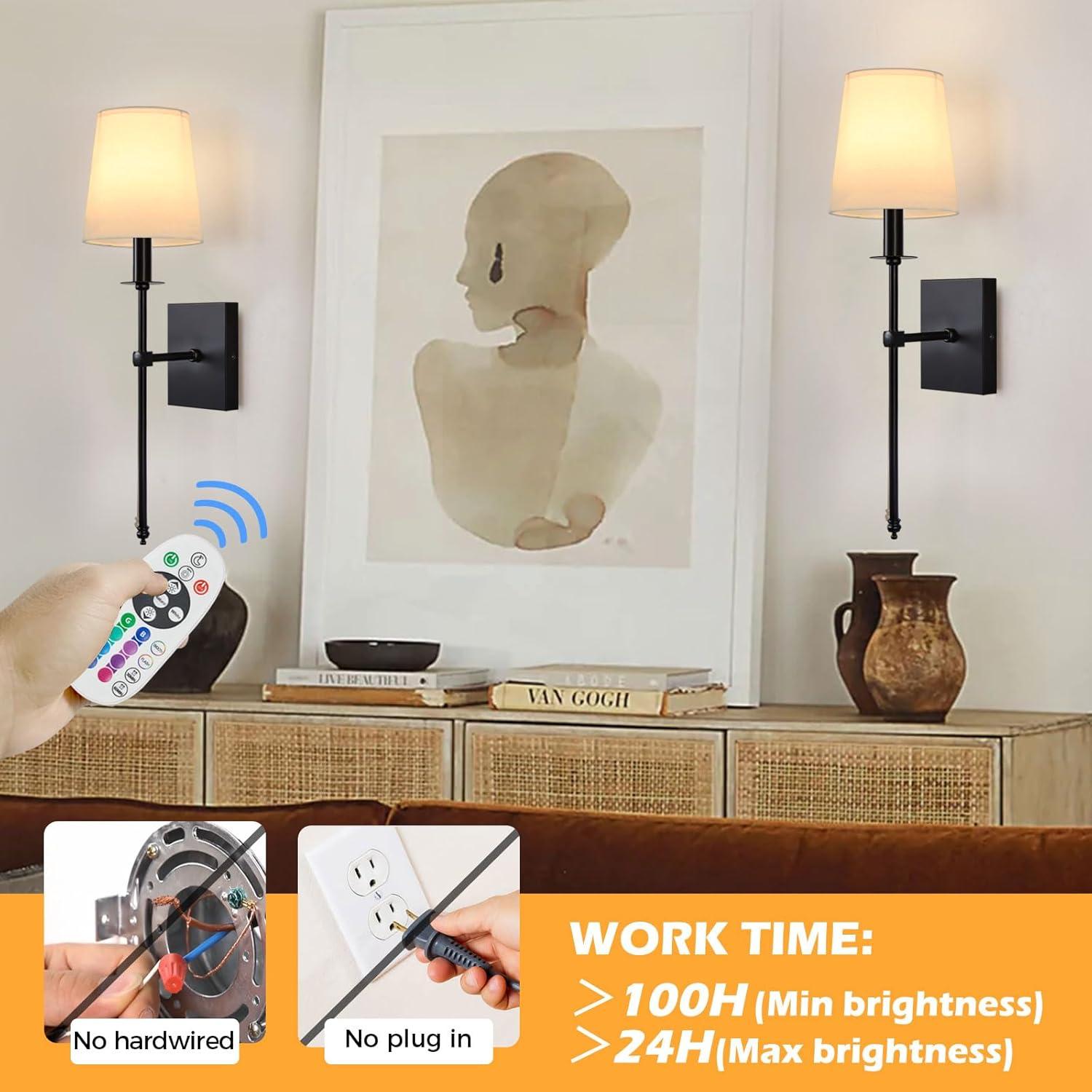 Battery Operated Black Wall Sconce Set Of 2,not Hardwired Fixture Wireless Wall Light ,dimmable Picture Sconces Cordless ,Easy To Install Battery Powered Lamp,for Bedroom, Lounge, Farmhouse Gallery