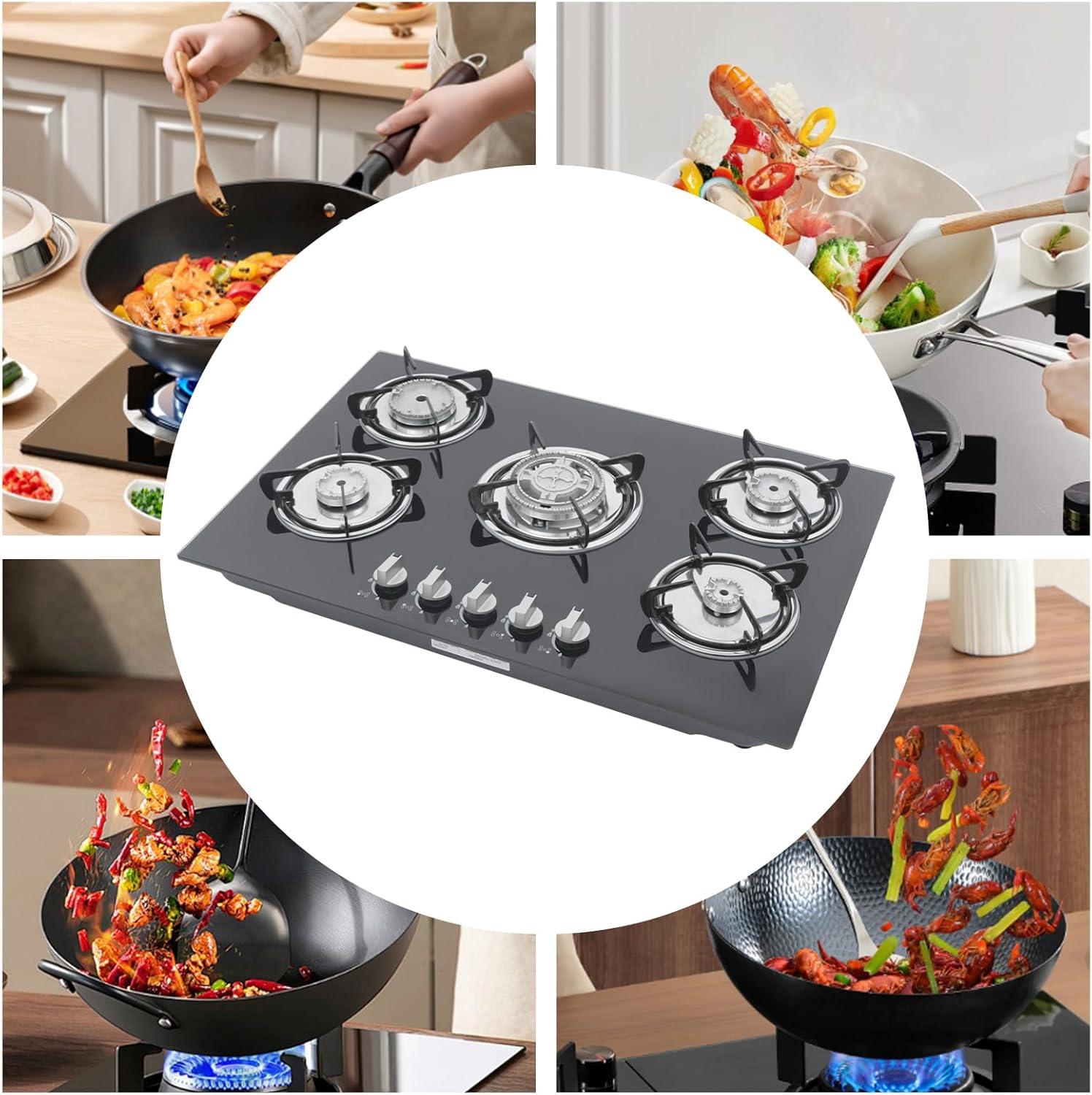 30"  Gas Stove Cooktop, 5 Burners Built-in Tempered Glass LPG/NG Stove with Flameout Protection for Kitchen Black