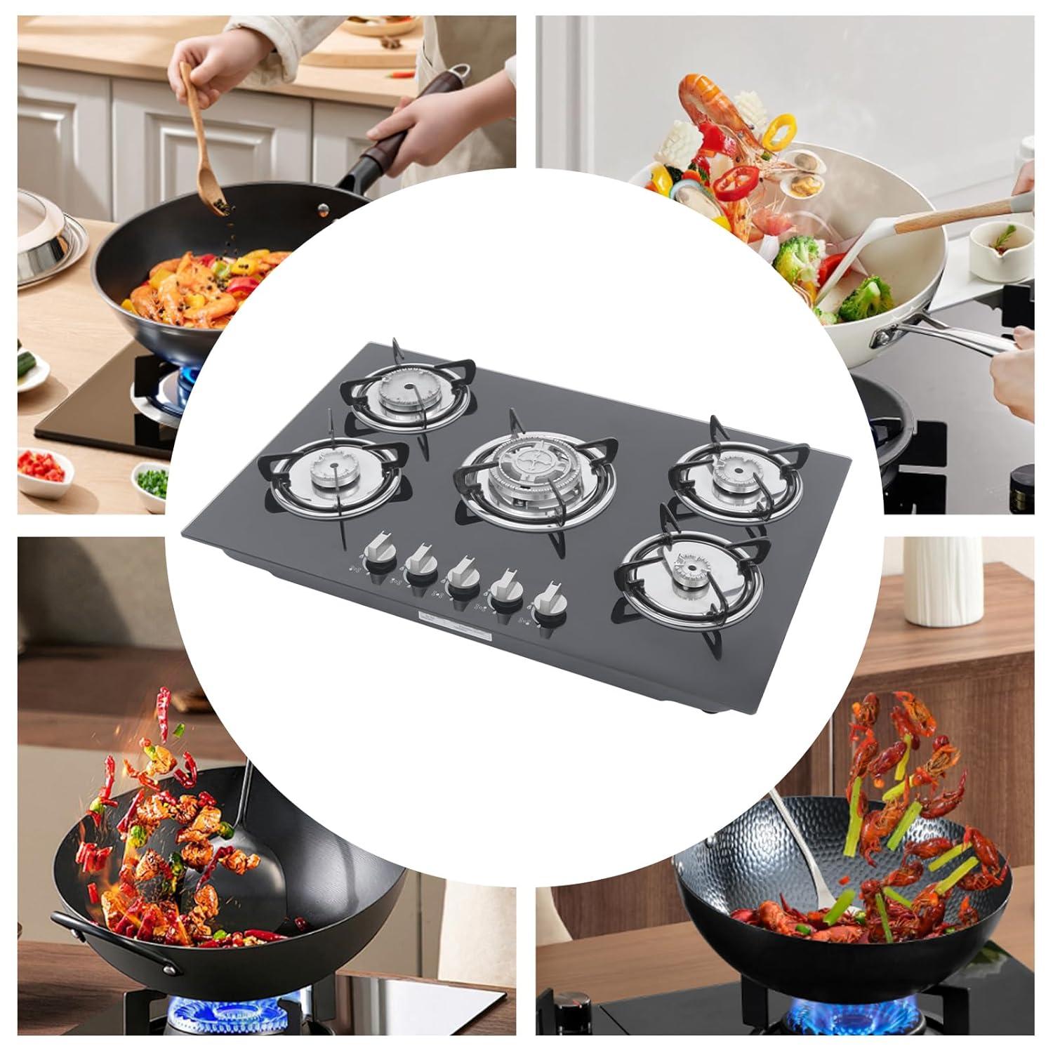 30"  Gas Stove Cooktop, 5 Burners Built-in Tempered Glass LPG/NG Stove with Flameout Protection for Kitchen Black