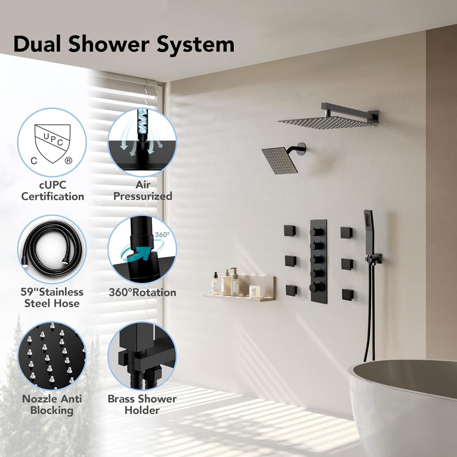 16" & 6" Dual Shower Heads,Thermostatic Shower FaucetSystem with Rough-in Valve and Body Jets